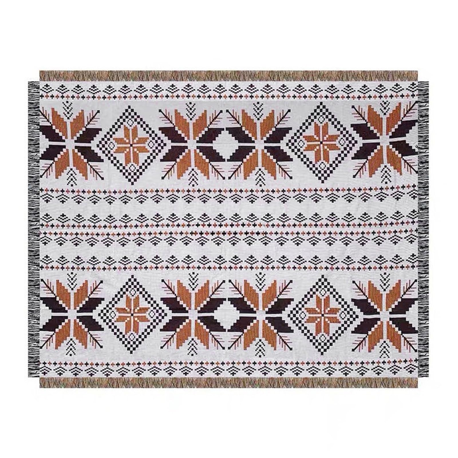 Couverture Ethnique Bohème Marron en Tissage Premium à Rayures et Pompons