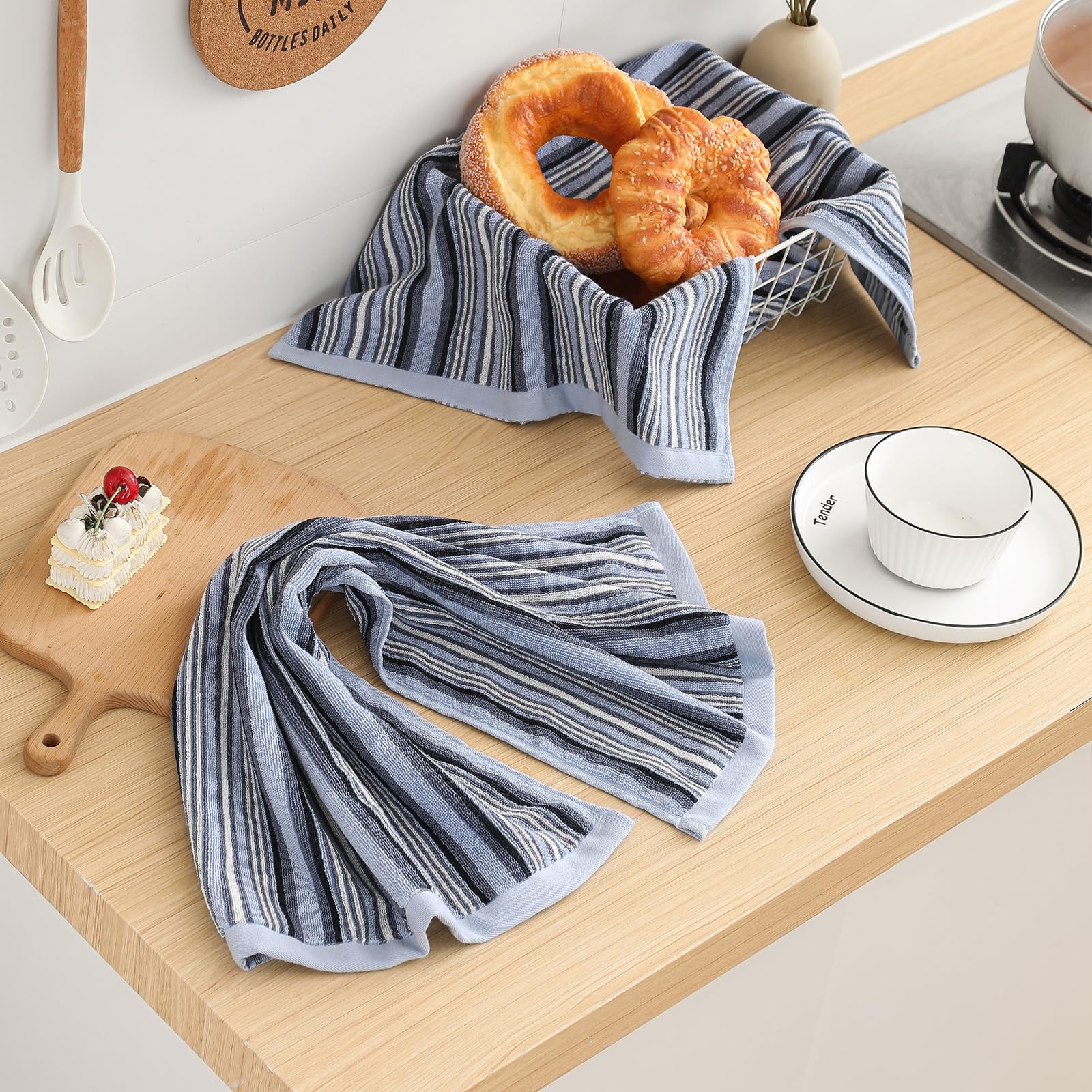 SALAS Paños de cocina de alta calidad para secar platos, paños de cocina grandes de algodón, toallas de mano, paños de rizo a rayas, juegos de toallas gruesas altamente absorbentes con lazo para