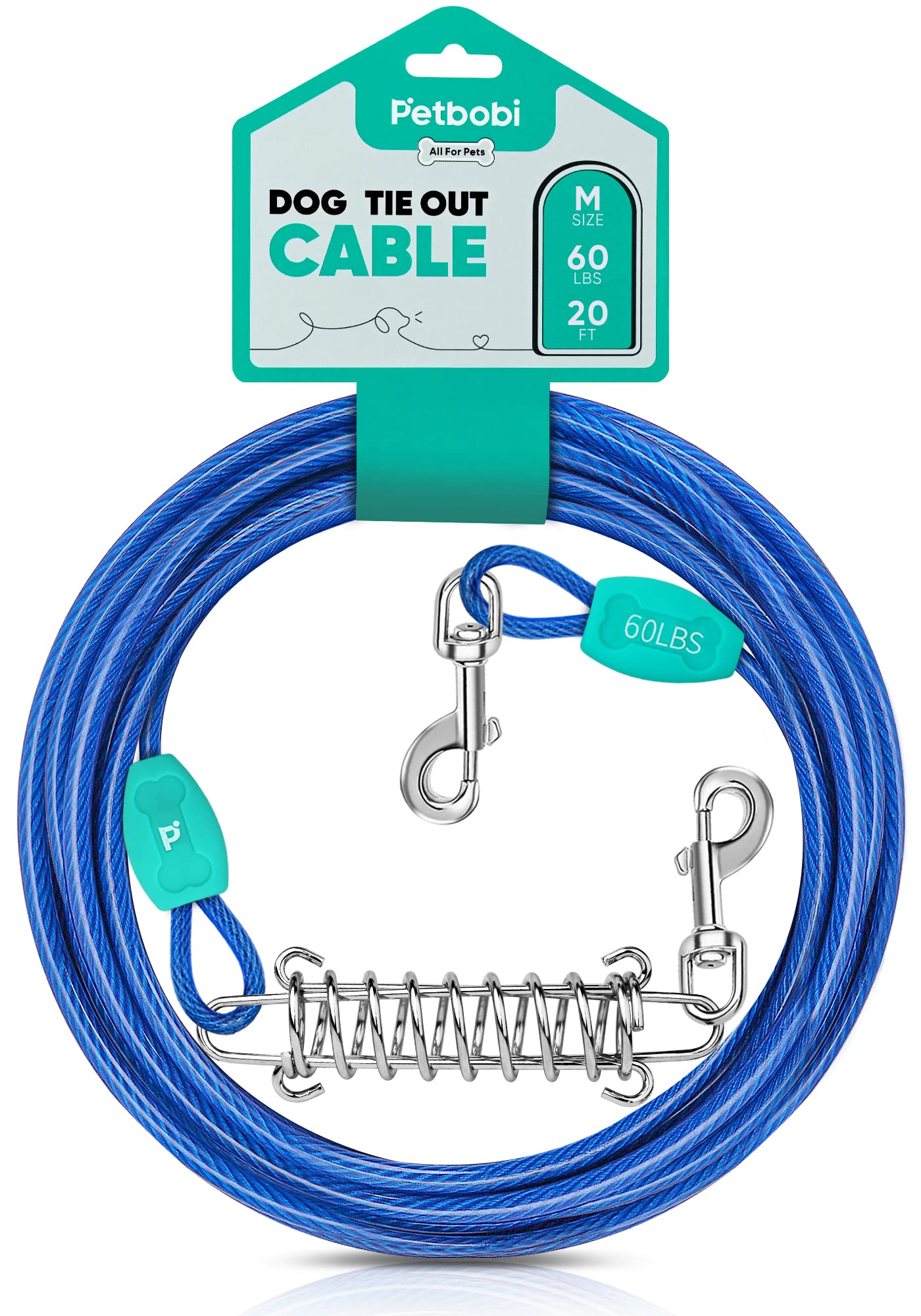 Petbobi Dog Tie Out Cable, 20FT Dog Tether for Yard, Camping, No Tangle Leash with Heavy Duty Buffer Spring, Chew Proof Wire Rope with PVC Coating, Suitable for Medium Large Dogs up to 60LBS, Blue