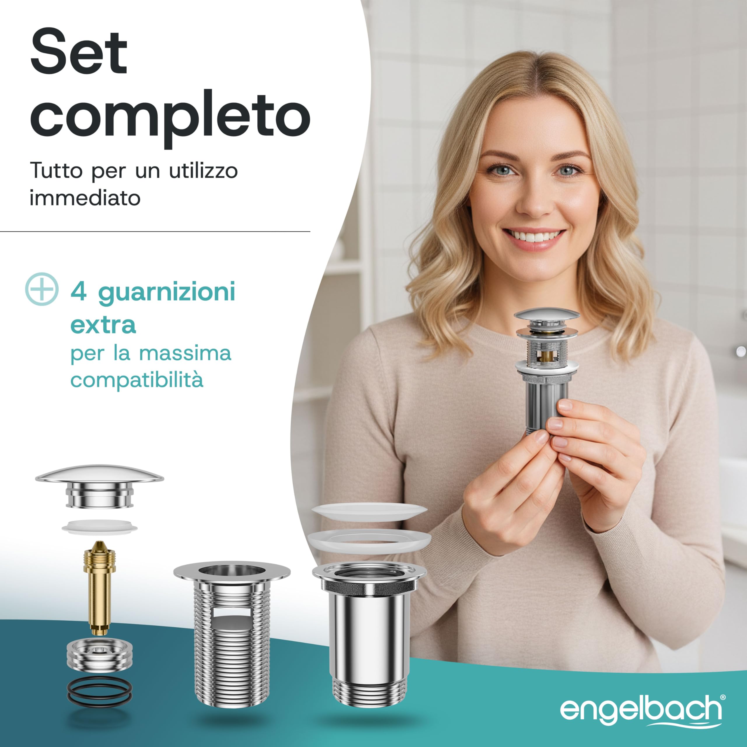 Engelbach® Piletta lavabo con troppopieno – Scarico Click Clack con 3 guarnizioni – Valvola di scarico universale per lavabi da bagno