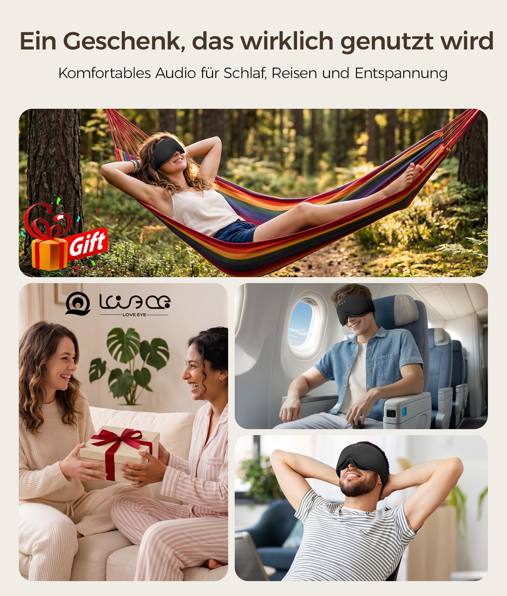 LOVE EYE Antifaz Bluetooth para dormir de lado, auriculares ultraplanos | Algodón de bambú de alta calidad, huecos profundos para los ojos 3D, sonido de alta calidad, lavable, transpirable