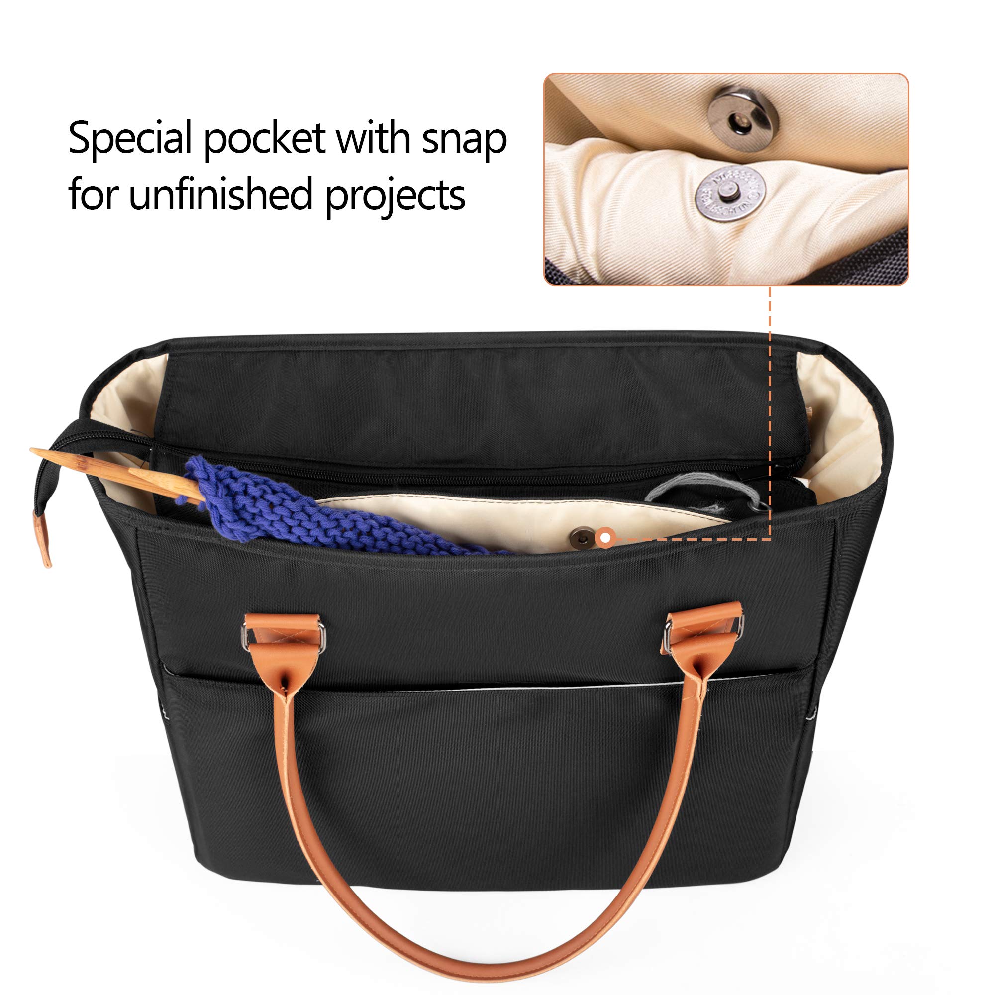 Yarwo Stricktasche mit Griff aus PU-Leder und Taschen für WIP, Stricktasche, Aufbewahrung für Wollknäuel, Stricknadeln, Häkelnadeln und anderes Zubehör für Stricken und Häkeln, Schwarz