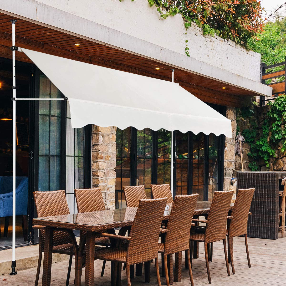COSTWAY Store Banne Manuel Rétractable de 2,5 x 1,25M avec Manivelle Hauteur Réglable 200-300CM, Auvent de Terrasse en Aluminium Tissu Oxford Imperméable Anti UV, pour Blacon et Porte (Beige)