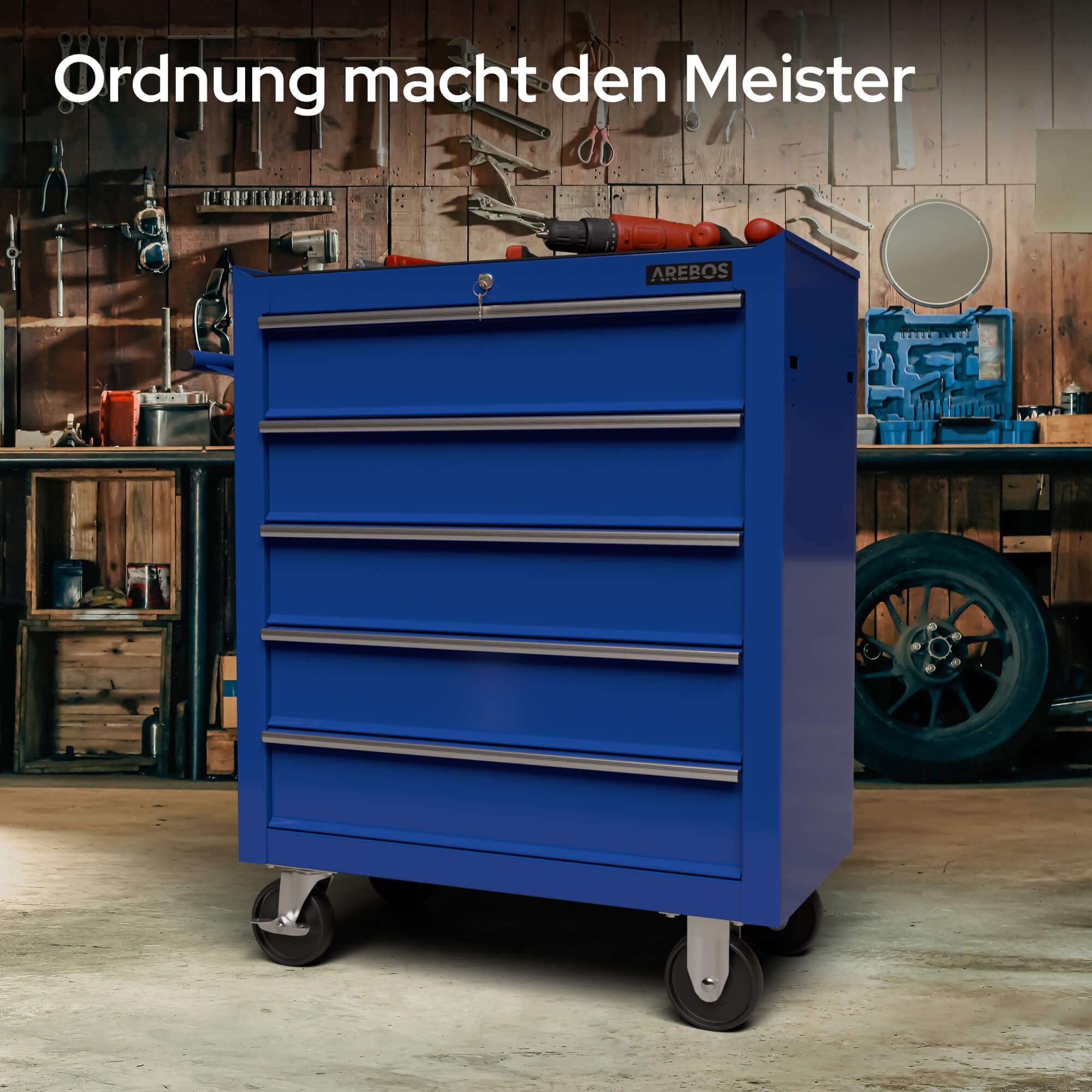 Arebos Werkstattwagen 5 Fächer | Rollwagen zentral abschließbar | kugelgelagerte Schubladen inkl. Antirutschmatten | Werkzeugwagen fahrbar 2 Rollen mit Feststellbremse | Blau