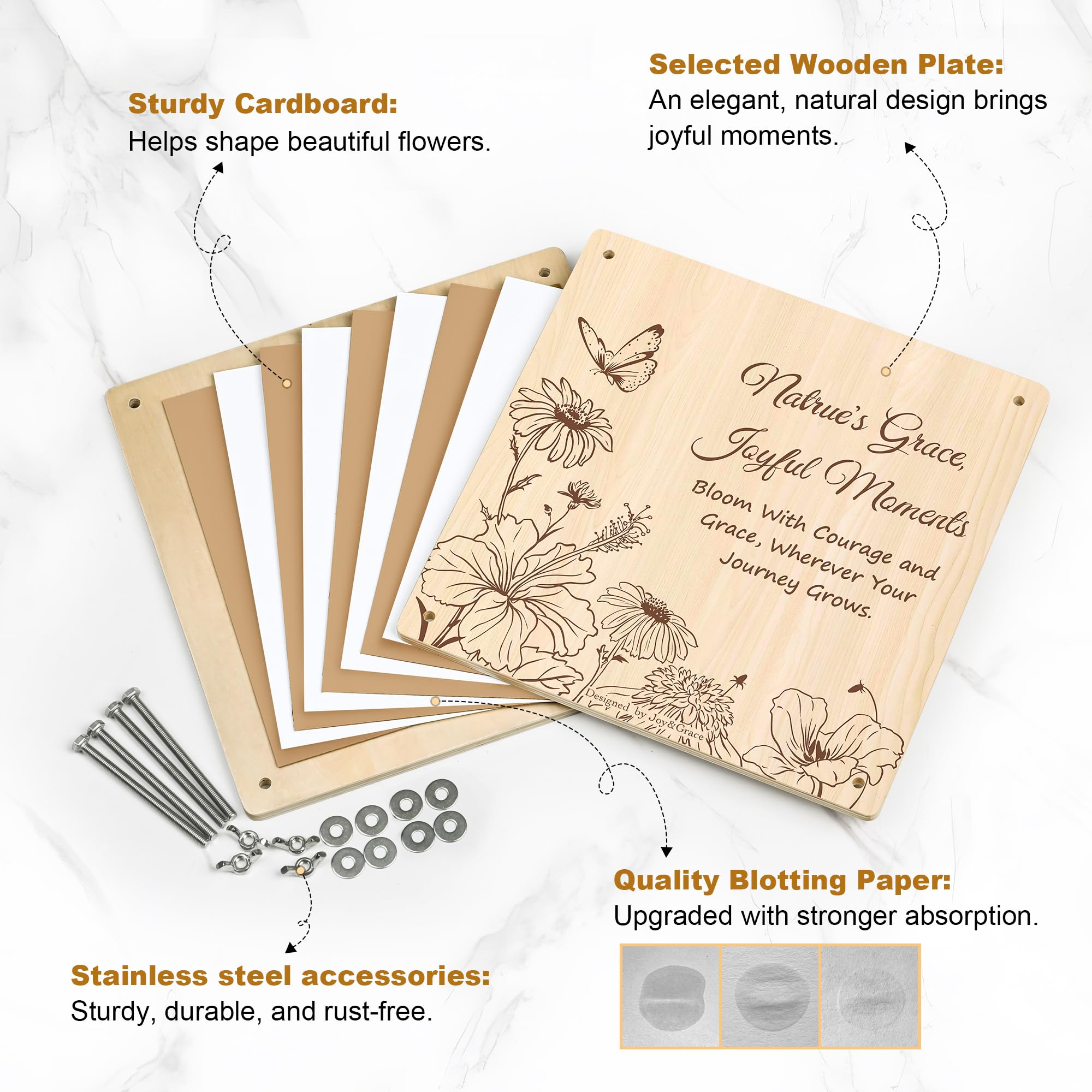 Joy&Grace Großes Blumenpresse Set 27,7 x 27,7 cm für Erwachsene, 10-lagige Pflanzenpresse mit Cover, DIY Blumenpressen Album & Trocken-Toolkit zur Blumenaufbewahrung (Geschenkbox, Naturholz)