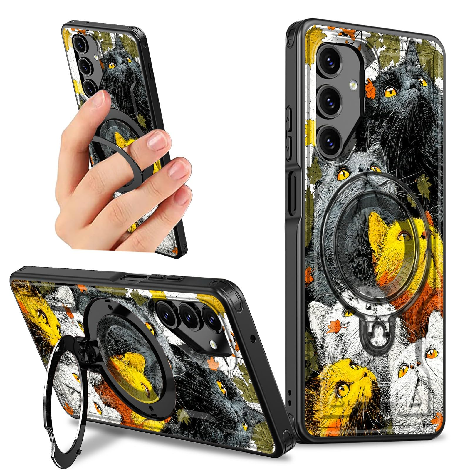 for Samsung Galaxy S24 Plus/S25 Plus Kickstand Case with 360 Degree Rotatable Ring Holder Stand for Women Men, Rugged Hard Bumper Full Body Shockproof Case[Multi Angle Viewing], Maple Leaf Cat
