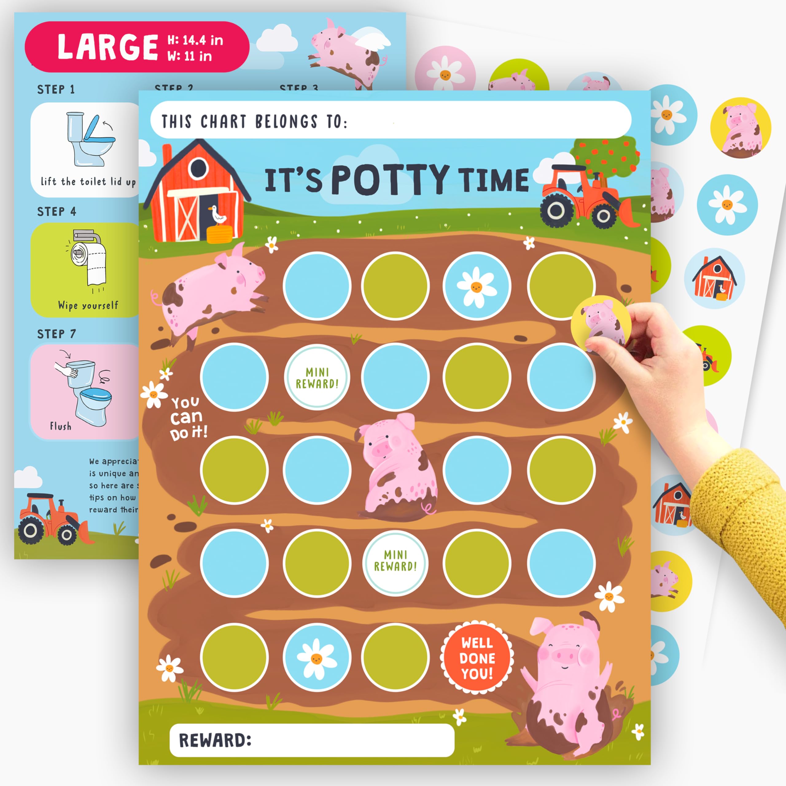 Potty Training Reward Chart x10 pcs - Muddy Pig in the Farm Training Chart for Kids - Toilet Habit Training Chart - Behavior Chart for Boys Girls - Comes with Incentive Sticker Chart