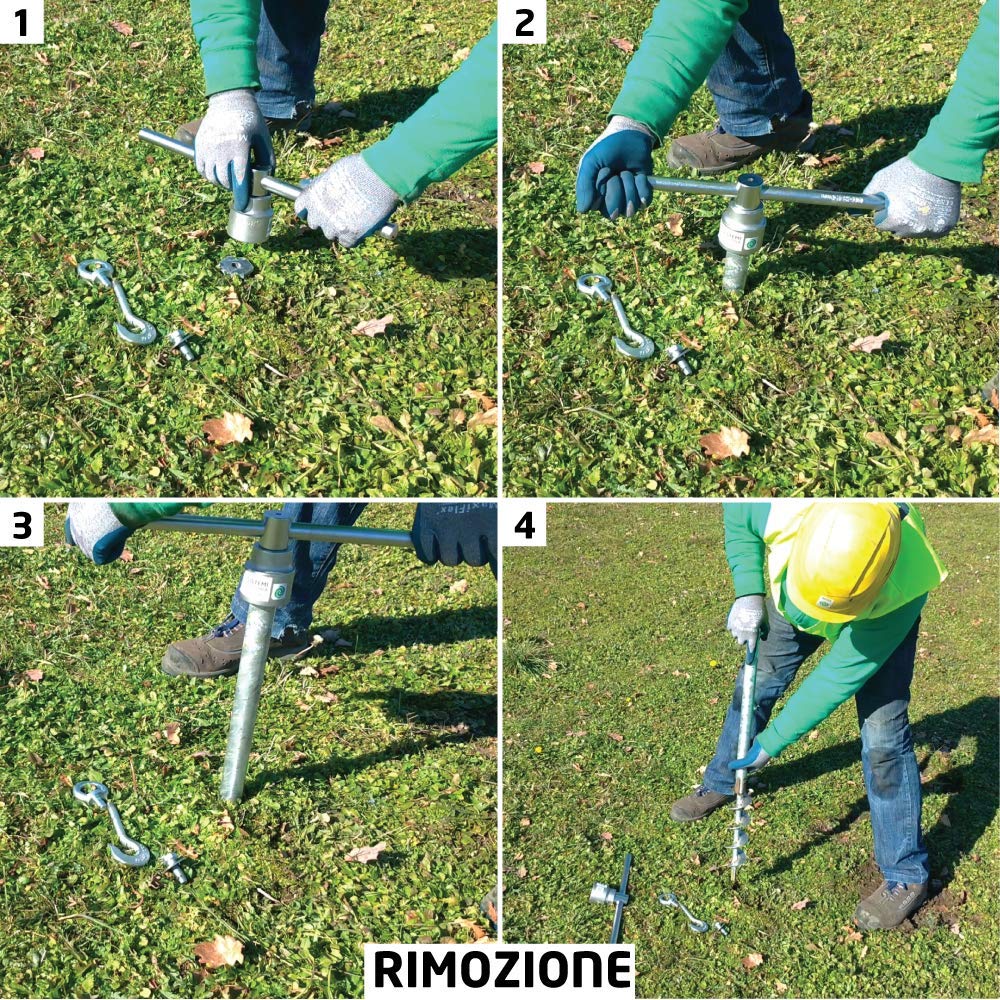 T-BLOCK - Kit professionale di 4 viti di ancoraggio a terra ecologici lunghezza 75 cm Ø 35-17 testa esagonale da 46 mm con punto fisso M12.