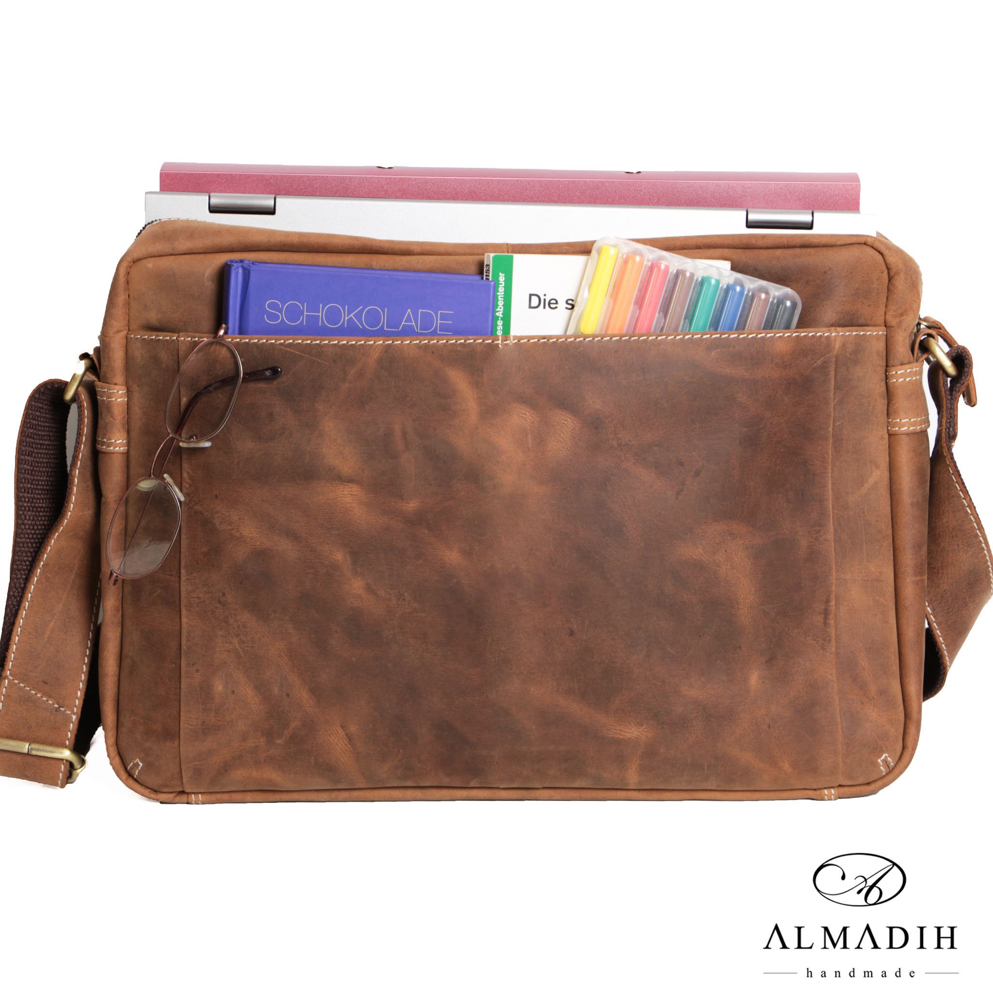 ALMADIH Borsa in pelle di vaccetta JANNE marrone Cartella professionale multiscomparti da lavoro Porta documenti PC portatili a spalla tracolla Bandoliera a mano Borsone sacca da viaggio