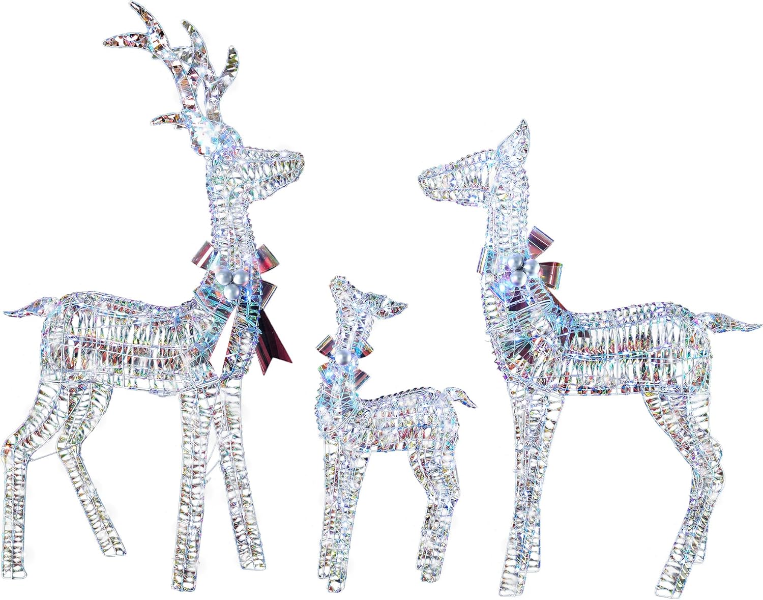 3-Piece Iridescent Christmas Deer Outdoor Decorations, 4.5ft Reindeer Family Set Outdoor Lighted Display with 350 LEDs, 2025 Upgraded Rattan, Stakes & Zip Ties for Long-Lasting Yard Garden Decor