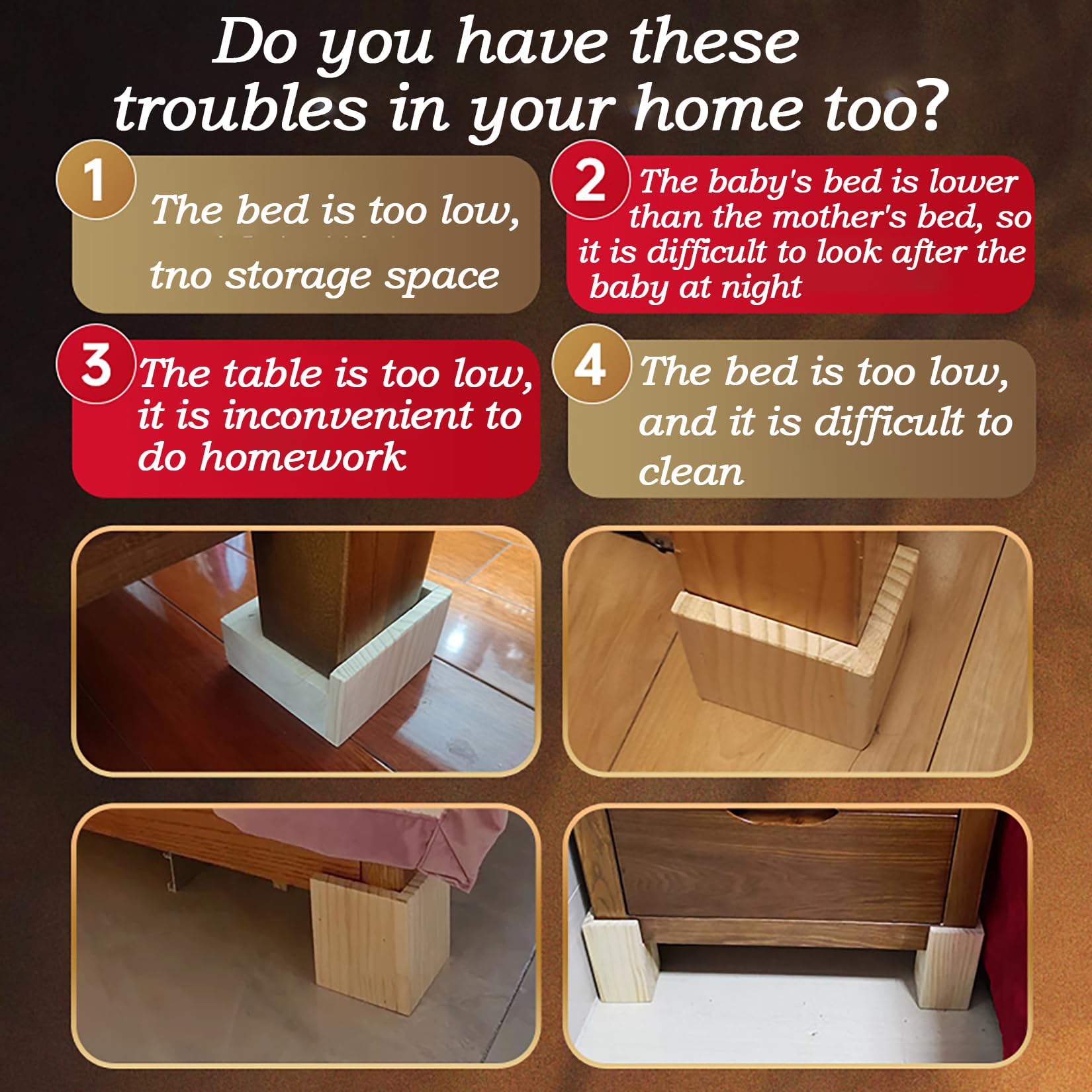 Betterhöhungen aus Holz, quadratisch, für Stühle, Sofas, Tische, 4 Stück, höhenverstellbar, schwer, platzsparend.