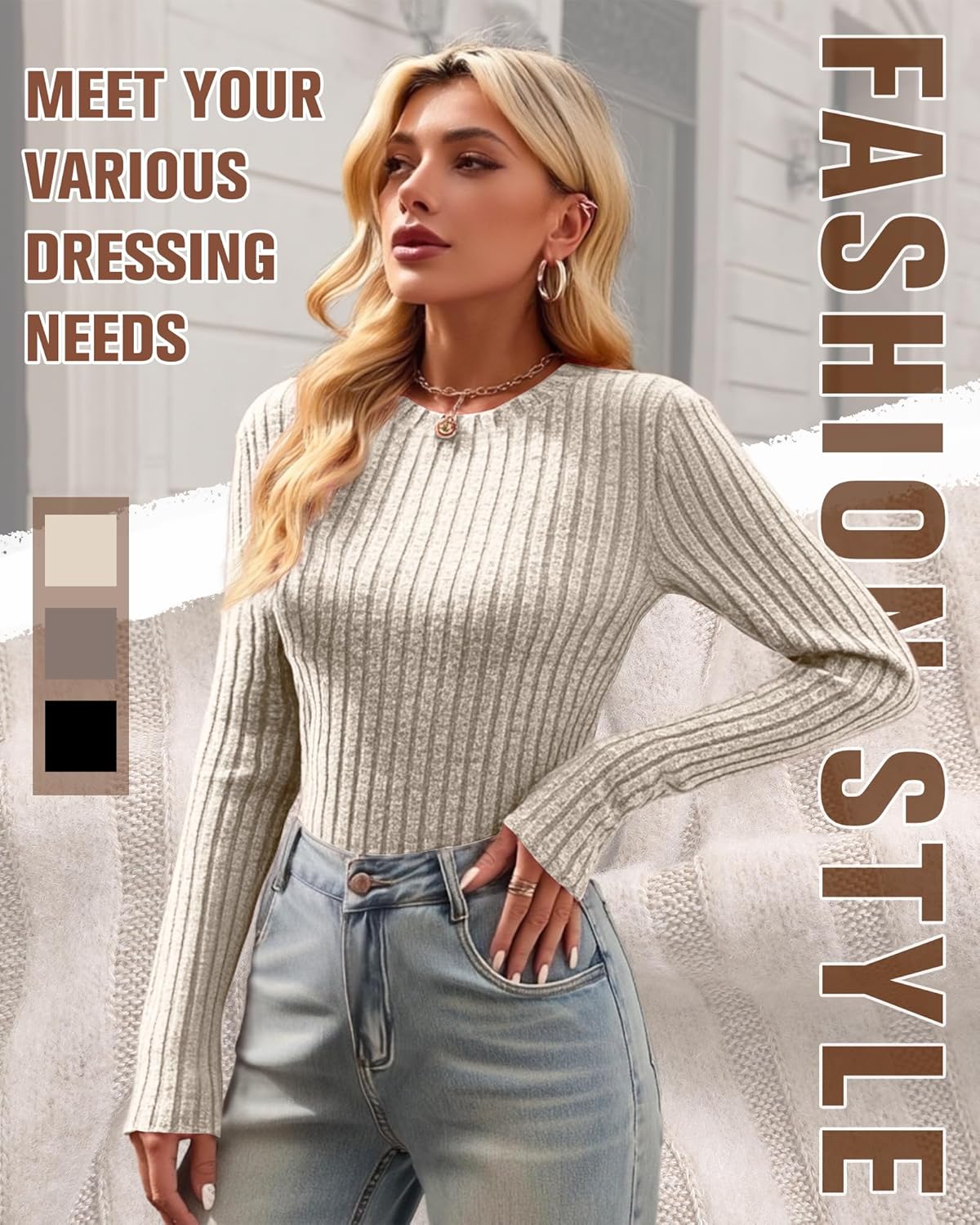 3 Pack Women's Fitted Ribbed Sweaters Tops, Long Sleeve Crew Neck Slim Fit Thermal Fall Winter Base Sweater - Image 4