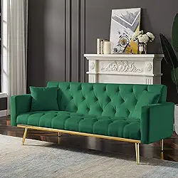 Sofá Futon Dobrável Conversível Moderno Sofá Futon de Veludo Sofá com Costas Ajustáveis e Pernas de Metal Dourado para Sala de Estar Quarto Escritório Apartamento (Preto + Veludo 02) (Verde + Veludo