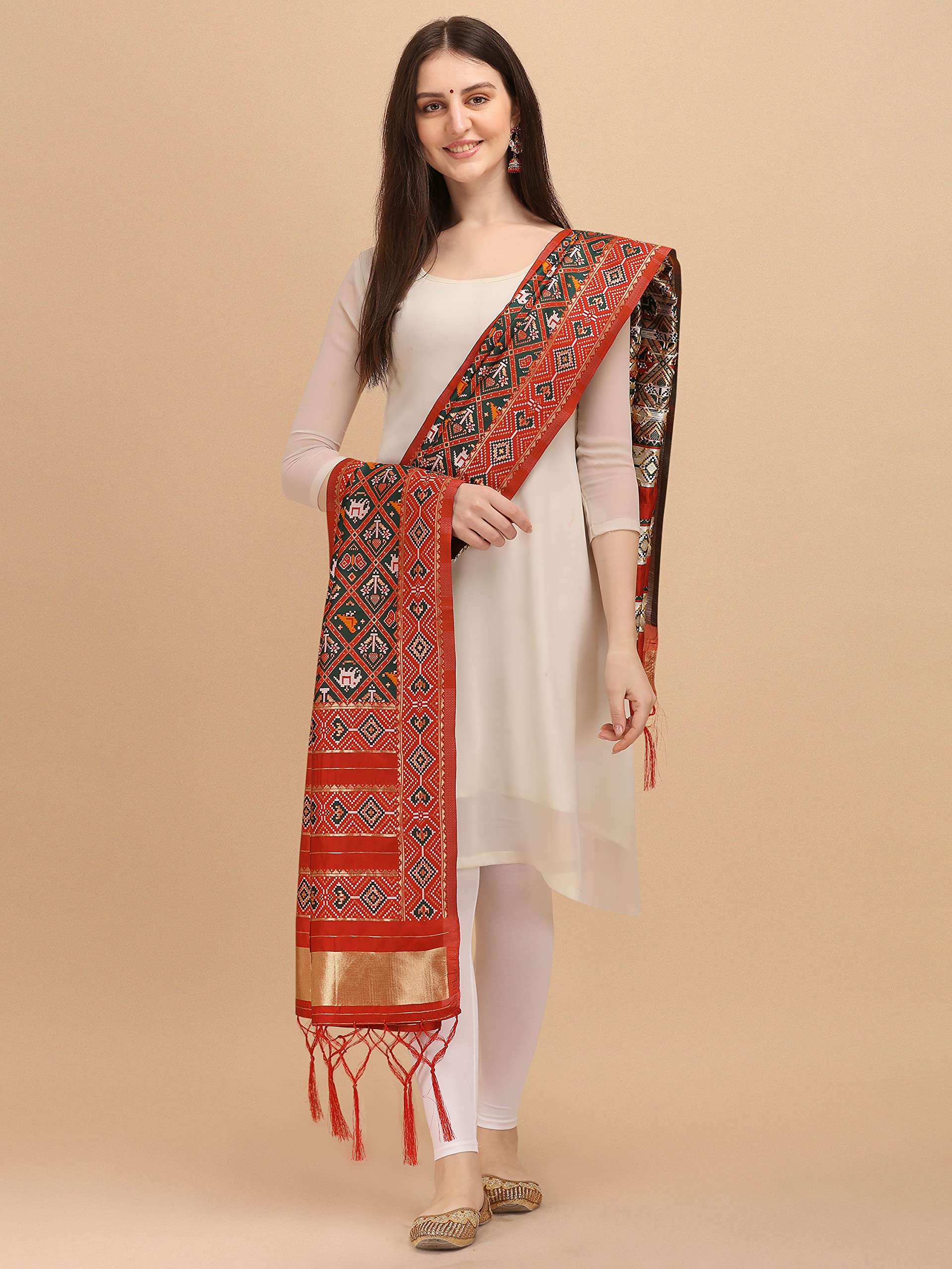 DEVANGI Women's Woven Silk Blend Patola ikkat Dupatta/Chunni, Width 45 inch, Length 2.5 meter (OM-DT-08-BGREEN) 2