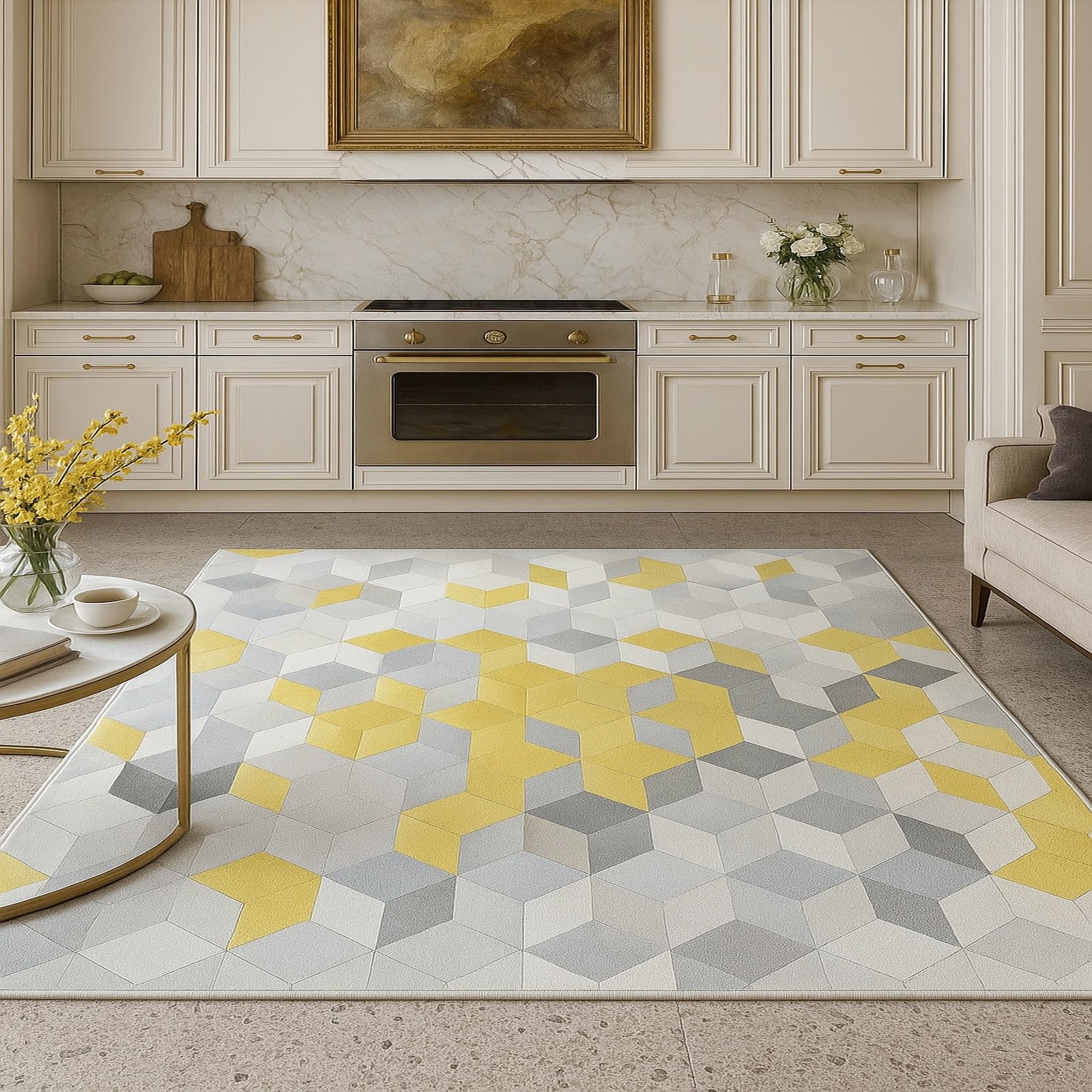 Tapis salon moderne jaune gris blanc pour illuminer votre séjour chaleureux