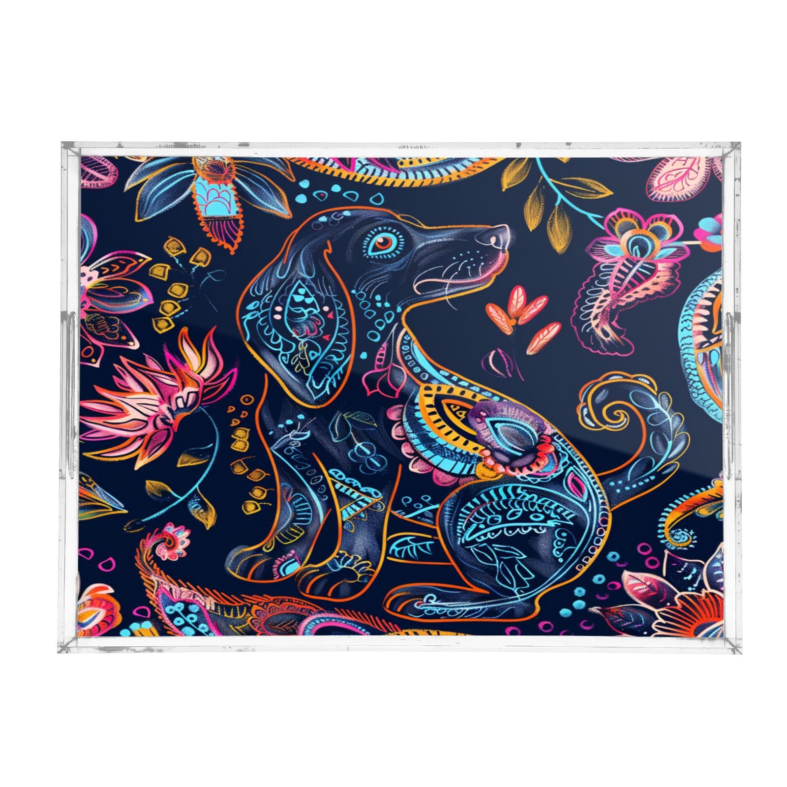 IOACIY Clear Serving Tray 12x16 Inches Acrylic Decorative Tray Organiser for Ottoman Coffee Table Countertop with Handles, Dog (12)