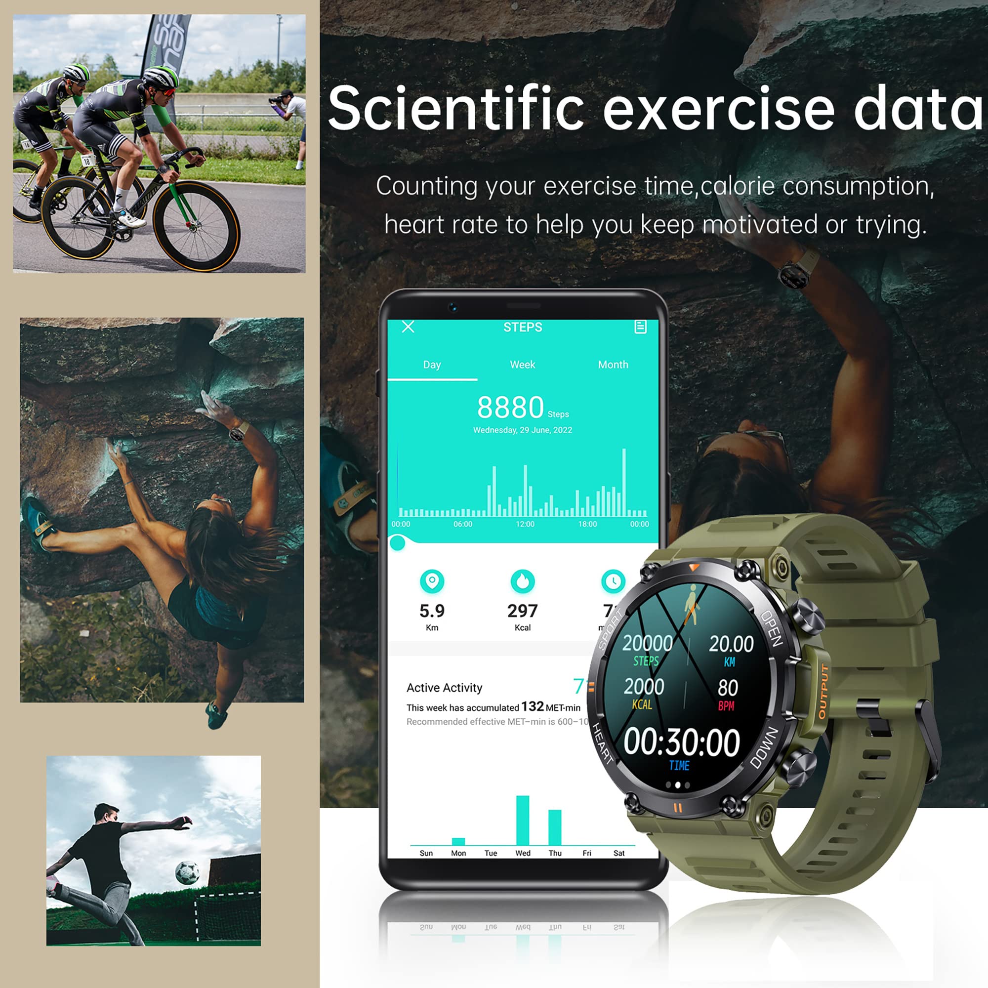 Militär Uhr Smartwatch Blutdruck Herren Armbanduhr Smartwatches mit Telefonfunktion IP68 Wasserdicht Sportuhren Outdoor Tactical Watch Military Schwarz Fitnessuhr für Männer Ios Android Schrittzähler