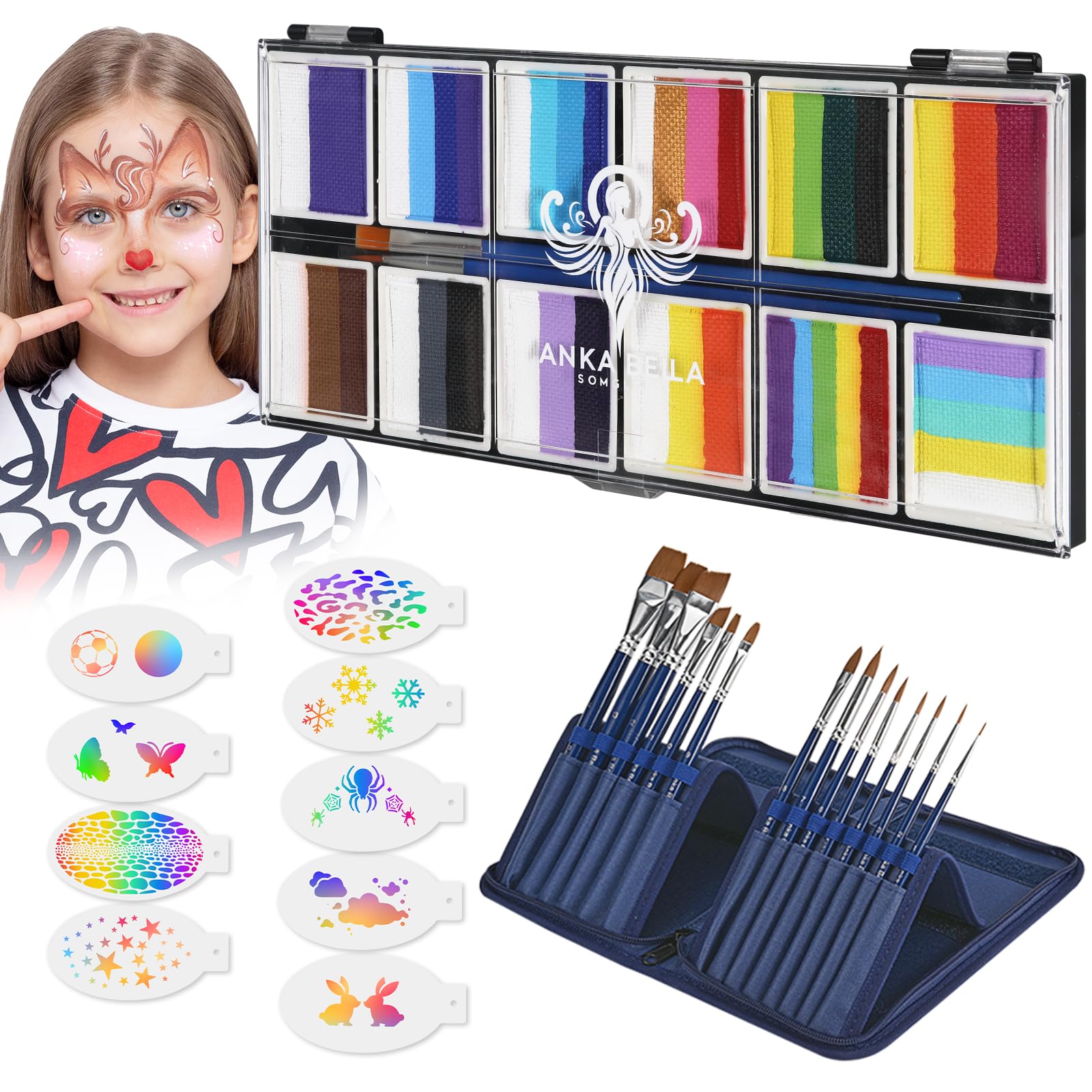 Anka Bella Professional Face Painting Kit for Kids,12X10gm Water Based Split Cake Face Paint with Stencil & Brushes,Hypoallergenic & Non-Toxic,Gift for Birthday Parties/Halloween/Carnival