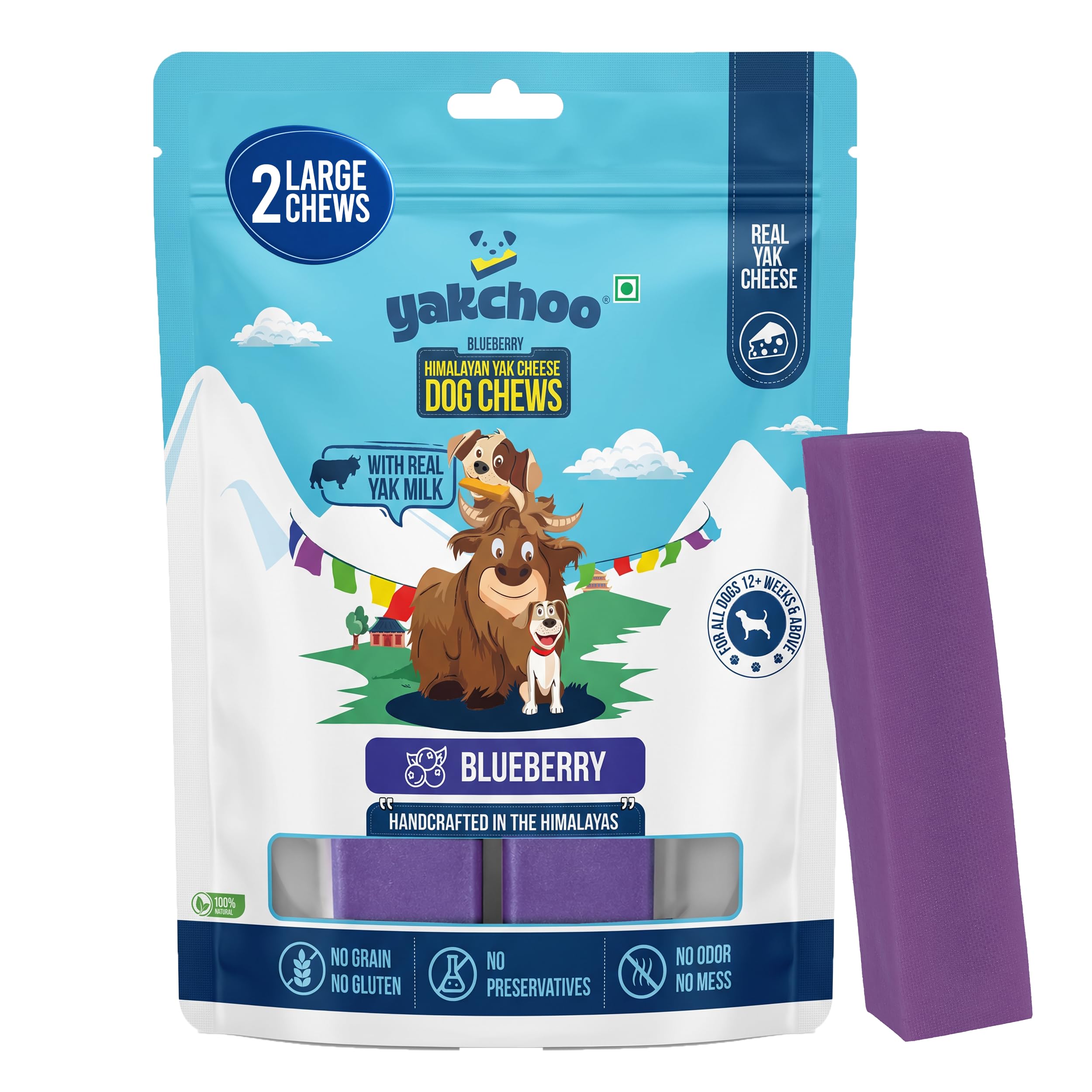 Yakchoo Blueberry Fruit Flavor Himalayan Yak Cheese Dental Chews for Dogs (Large - 2 Chews) 60% Protein, Dog Treats Healthy Cleans Teeth & Freshens Breath No Grain, No Gluten Dog Chews Rawhide Free