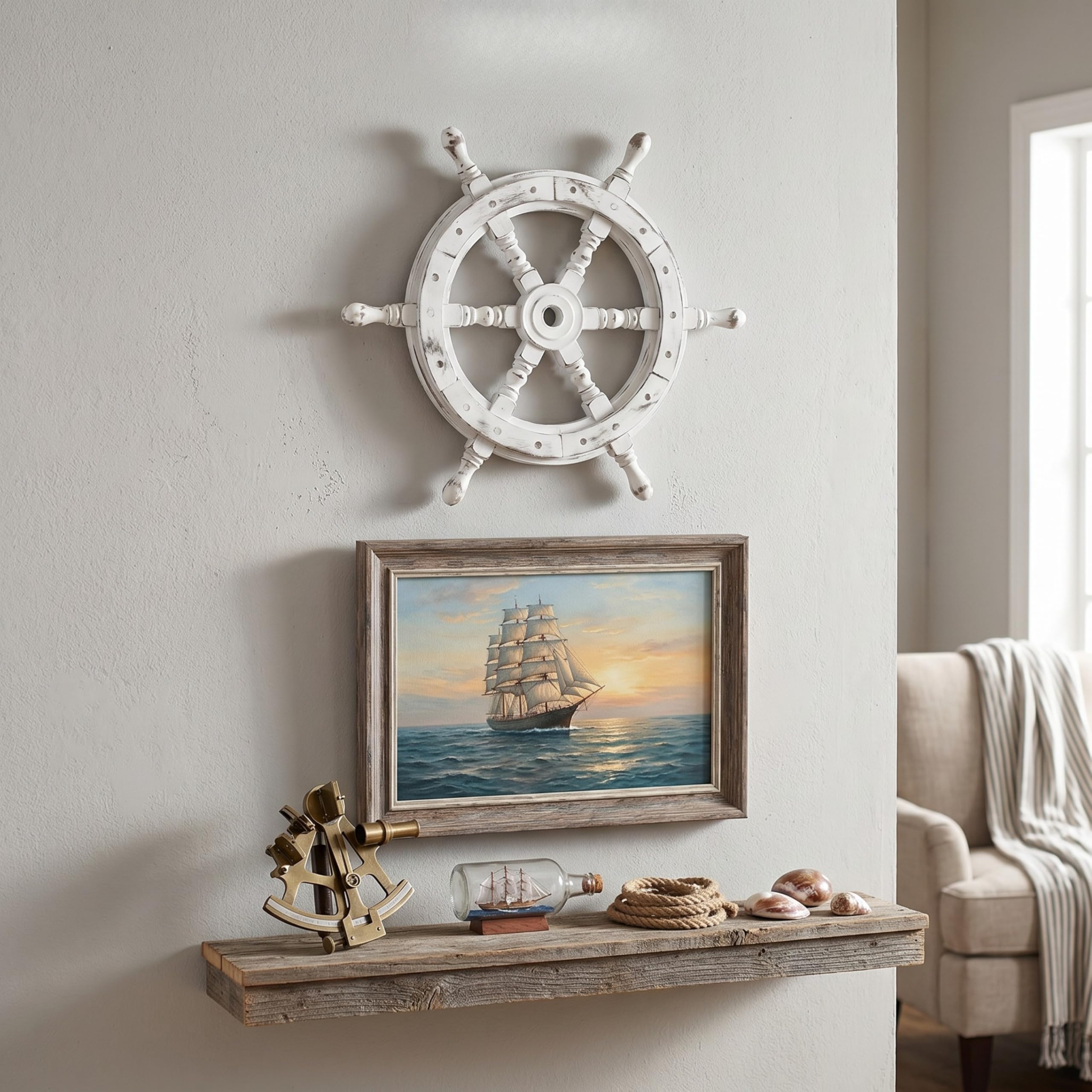 Nagina International Roue de bateau nautique en bois fabriqué à la main - Décoration murale pour la maison (24 pouces, blanc antique)