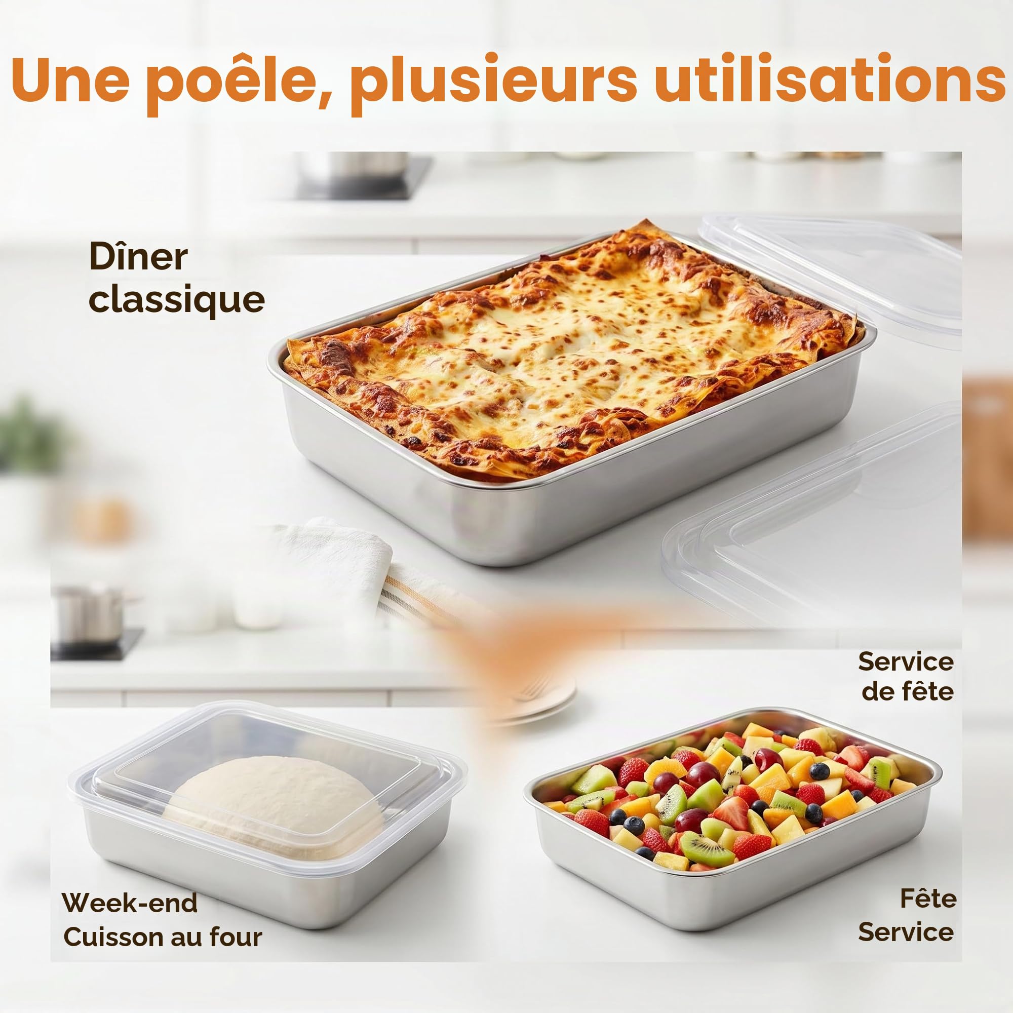 Plaque de Cuisson avec Couvercle 31 x 24 x 5 cm Récipients Alimentaires Plaque de Cuisson en Acier Inoxydable avec Couvercle Hermétique Moule à Gâteau Carré pour Desserts Tiramisu