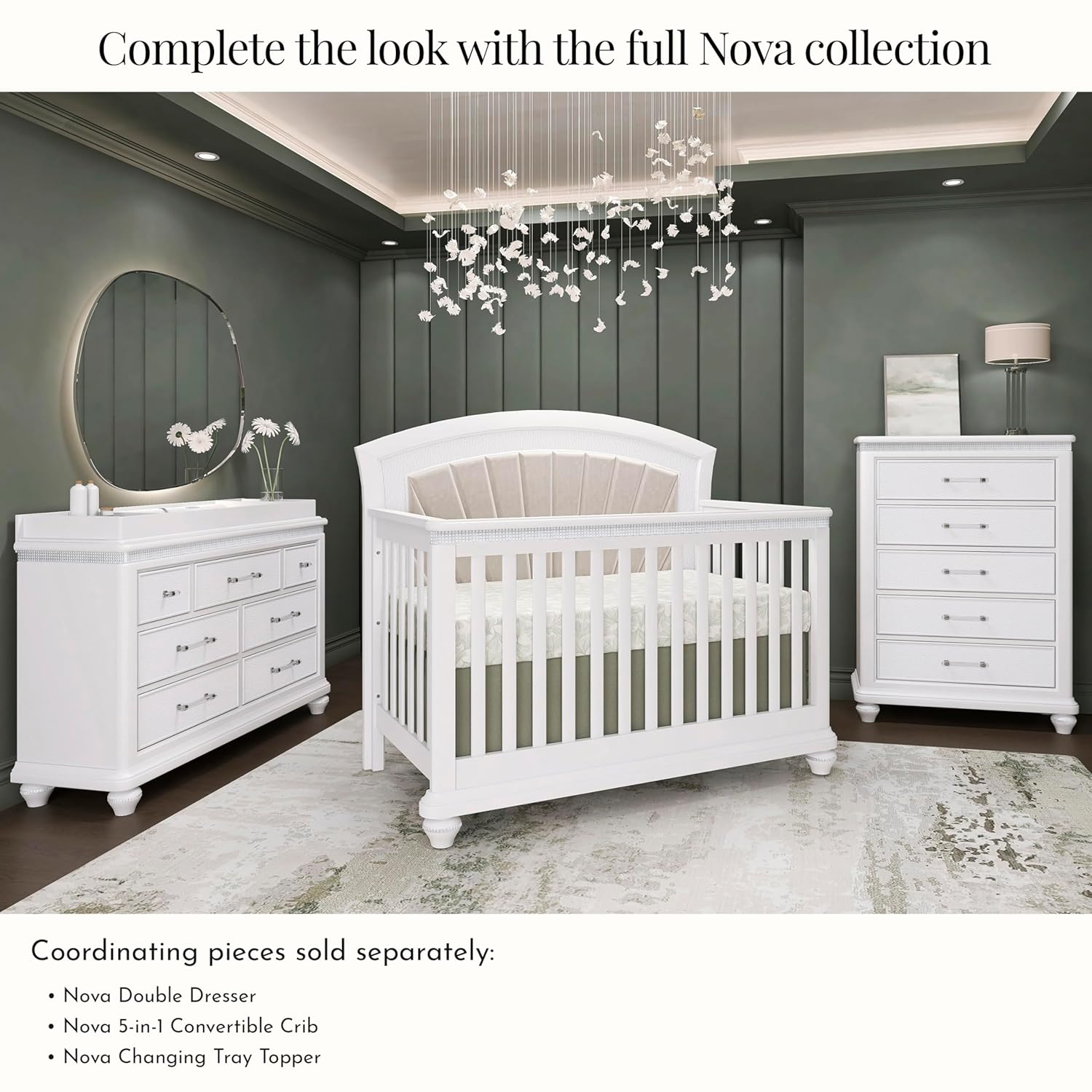 Evolur Nova 5-Drawer Tall Chest – Solid Wood Nursery Dresser in Shimmering Stardust Finish, Velvet-Lined Soft-Close Drawers & Acrylic Pulls, Space-Saving Modern Storage for Baby Room