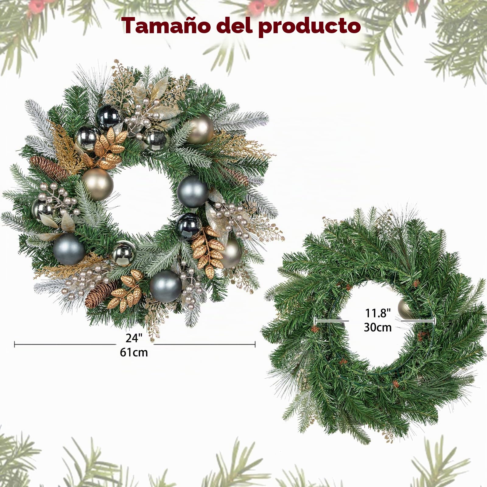 Hollyone Corona de Navidad de 61 cm, artificial, neutral, redonda, ocasión navideña