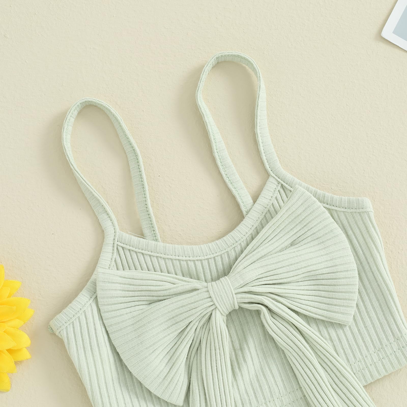 Kupretty Baby Girl Summer Cothes Toddler Bell-bottom Outfits Sleeveless Bow Cami Crop Tops + Daisy Flare Pants Set (Green, 18-24 Months)