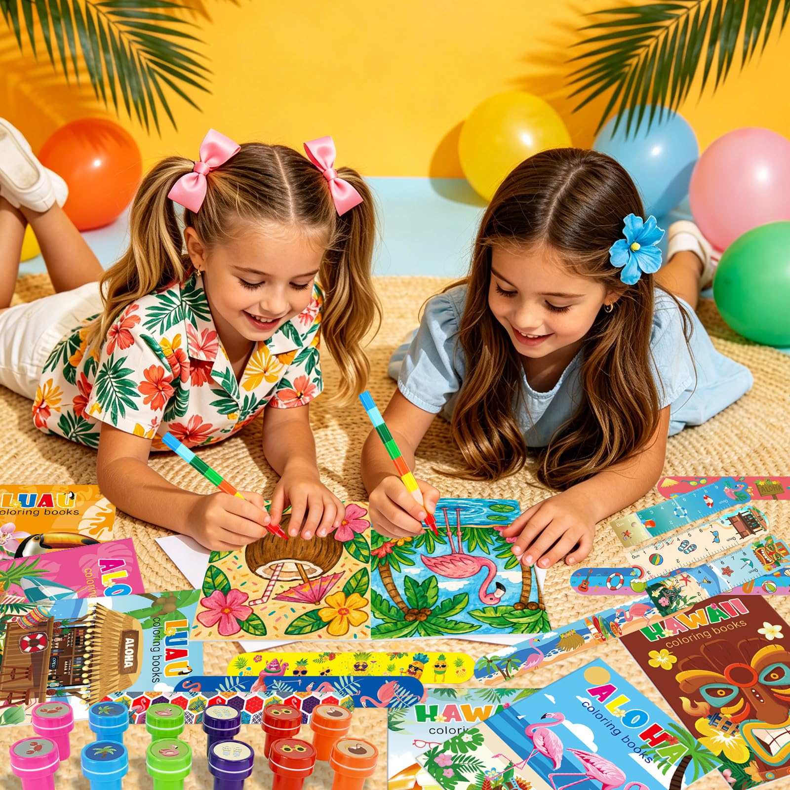 72 szt. upominków na imprezę Luau, mini kolorowanki luzem z kredkami do układania w stos, znaczkami, bransoletkami i zakładkami, hawajskie tiki, zestaw upominków na letnie przyjęcie urodzinowe
