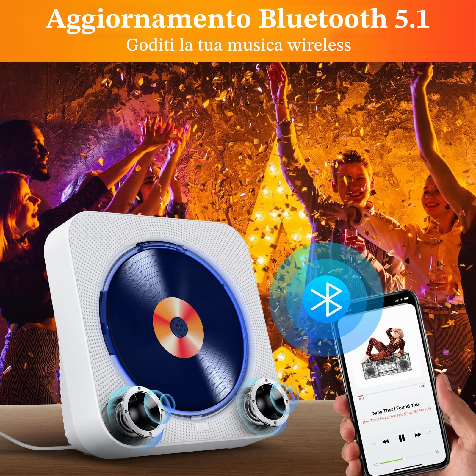 Lettore CD Bluetooth 5.1 Lettore CD da tavolo con 5W Doppi Altoparlanti Luce Telecomando Copertura Della Polvere Display FM Radio Timer Cuffie USB/SD Card/AUX Playback