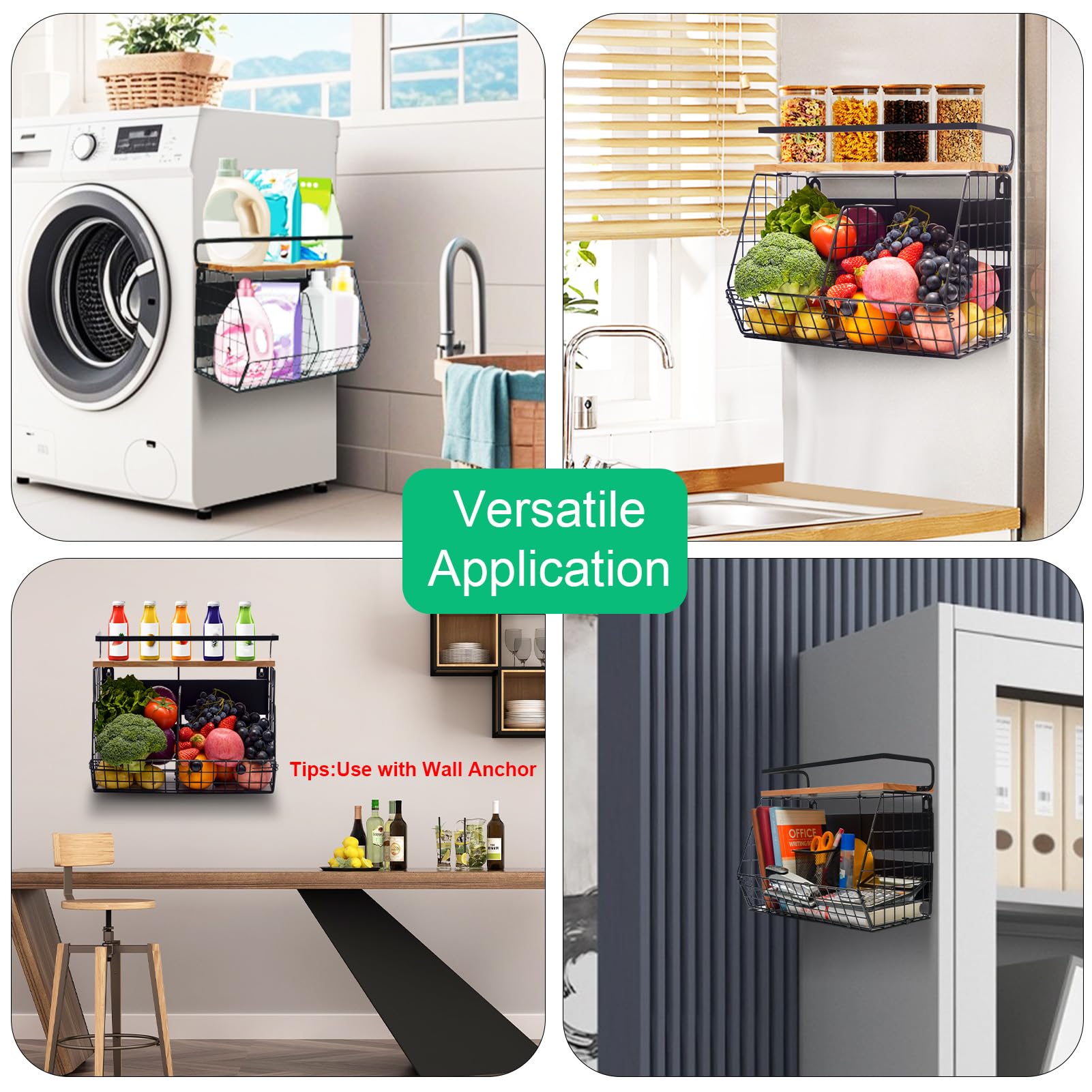 Lermende Magnetico Porta Frutta Cucina: 2 in 1 Scaffale Magnetici per Frigorifero, Organizer da Cucina Senza Forature con 4 Ganci Mobili per Cucina, Lavanderia, Area Ristoro, Spazio Relax.