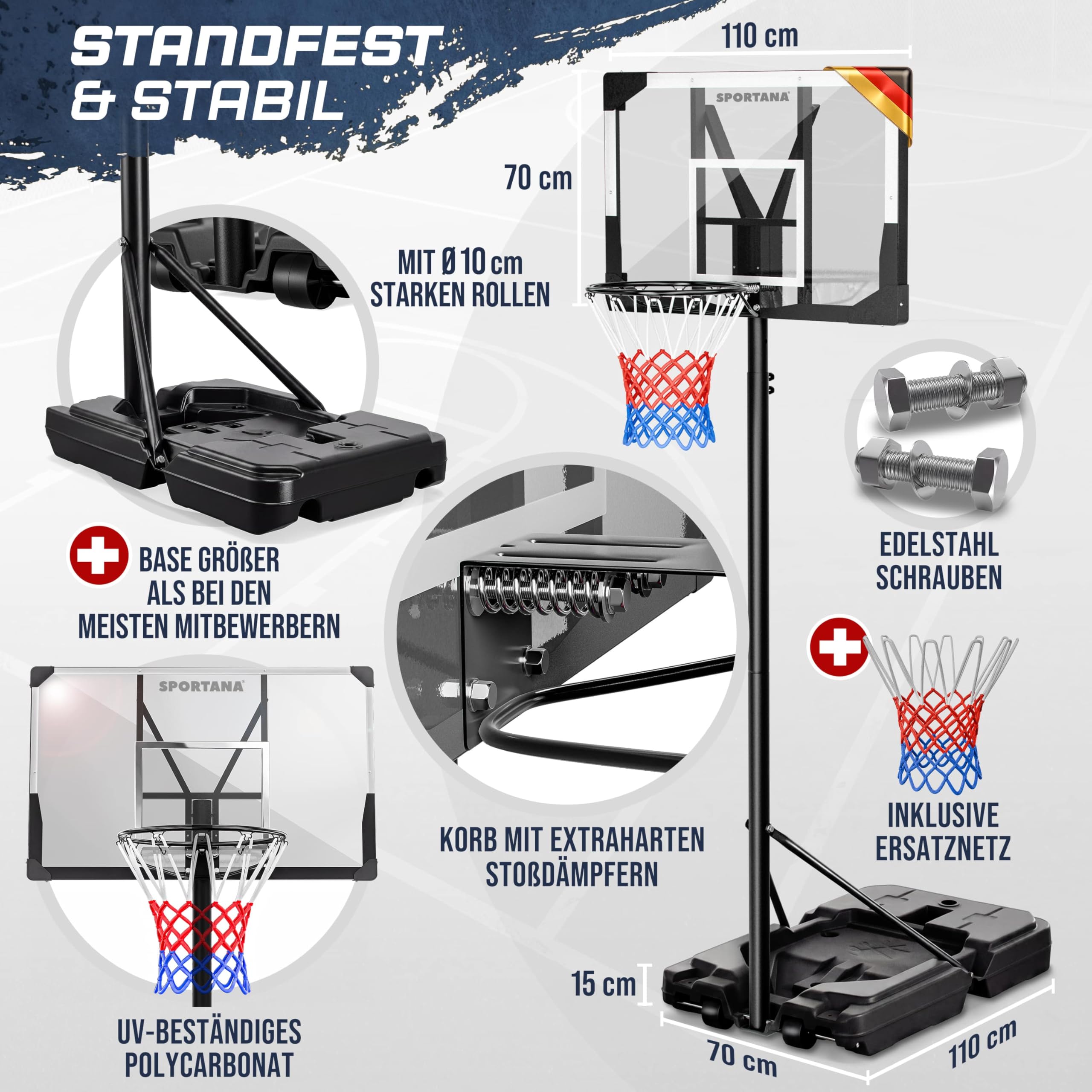 Canestro Basket da Esterno Regolabile 135–305cm Base Riempibile 60 kg Canestro per Pallacanestro con Ruote Struttura Stabile Resistente alle Intemperie Anello Ø45 cm per Bambini e Adulti