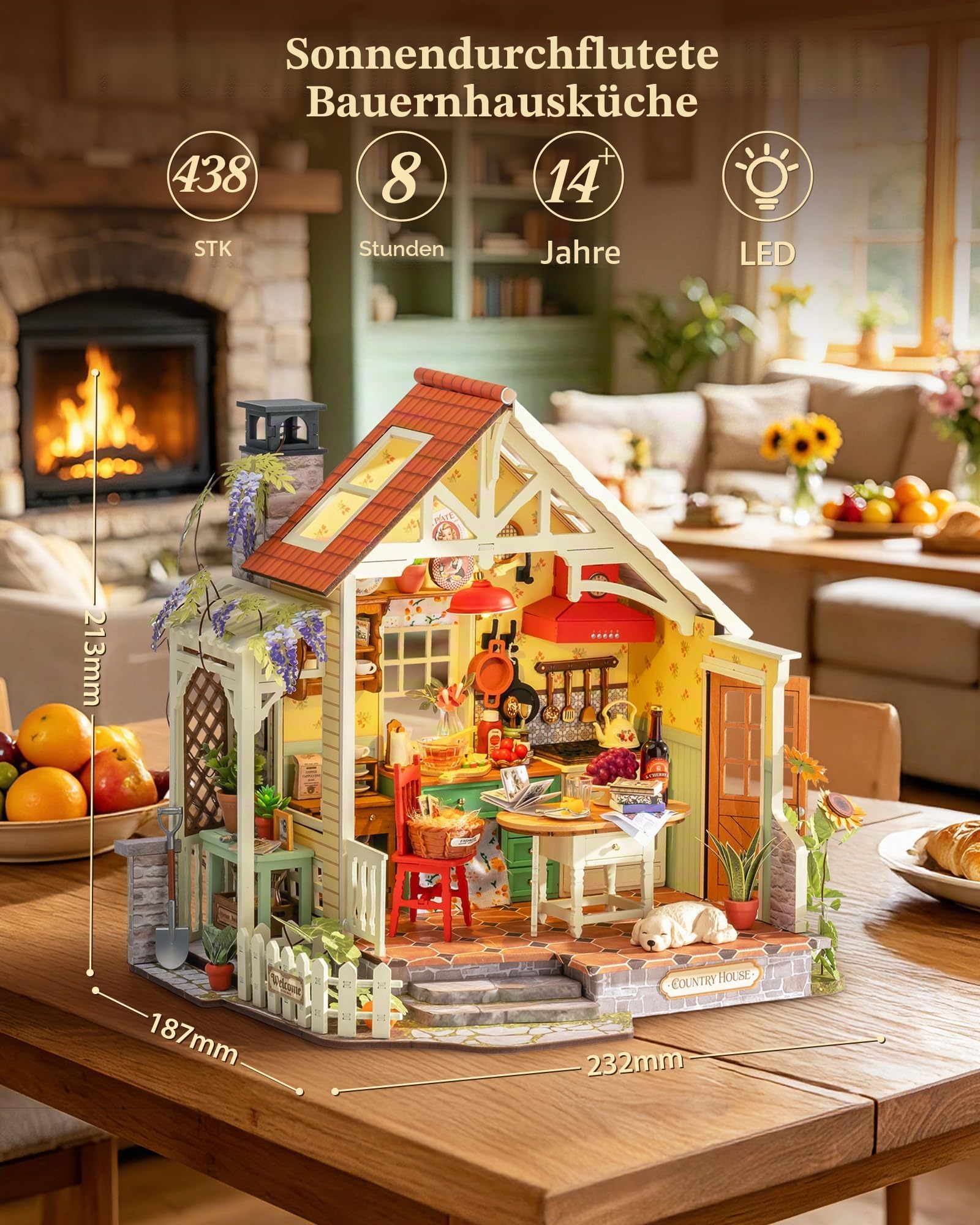Rolife DIY Miniatur Haus Bausatz für Erwachsene, Sonnenlicht Bauernhaus Küche, Cottage Stil Holz Puppenhaus, Modellbausatz mit LED-Leuchten, Geburtstag Weihnachten Geschenk für Frauen
