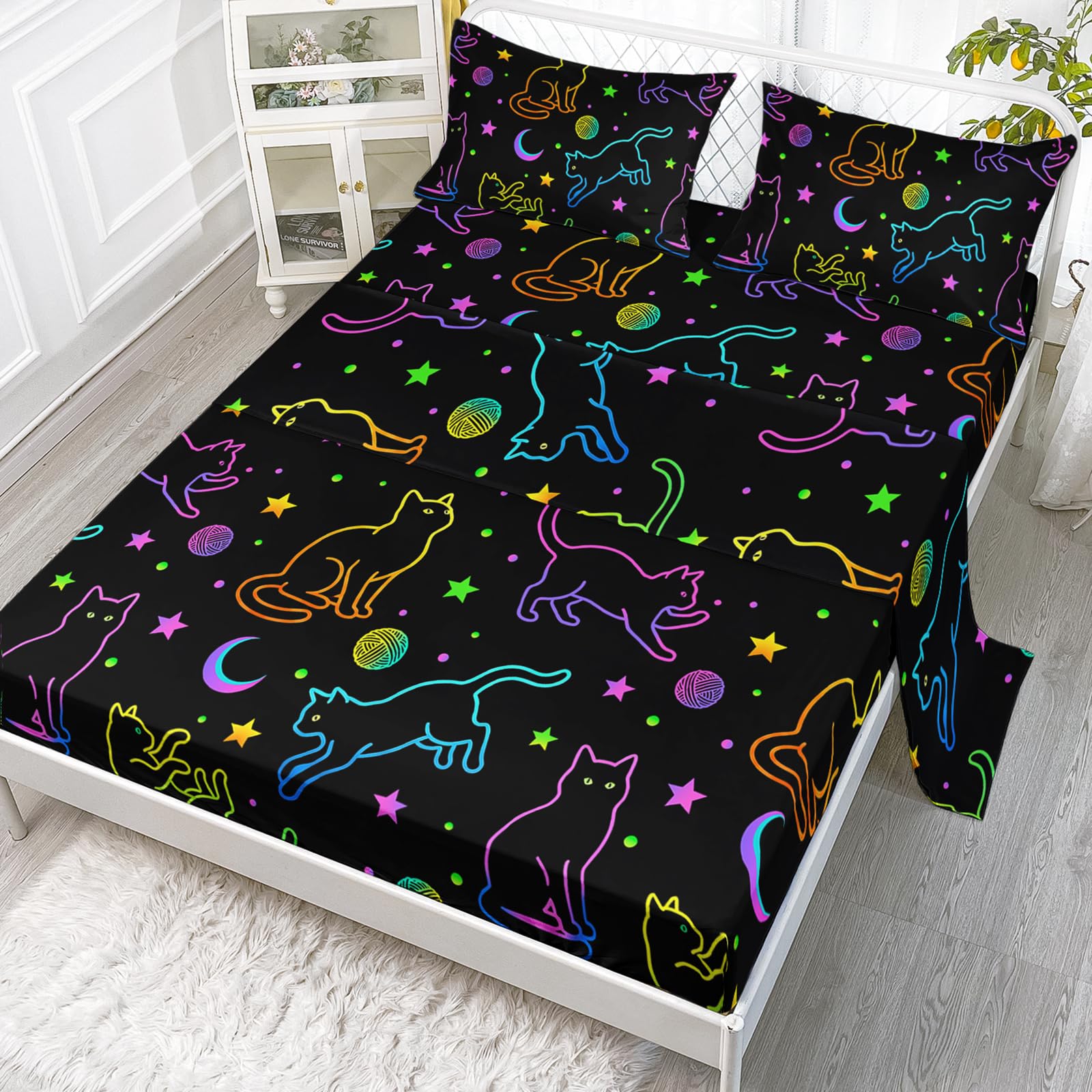 Axolotl Black Cat Bedding Cartoon Cat Sheet Set Twin
