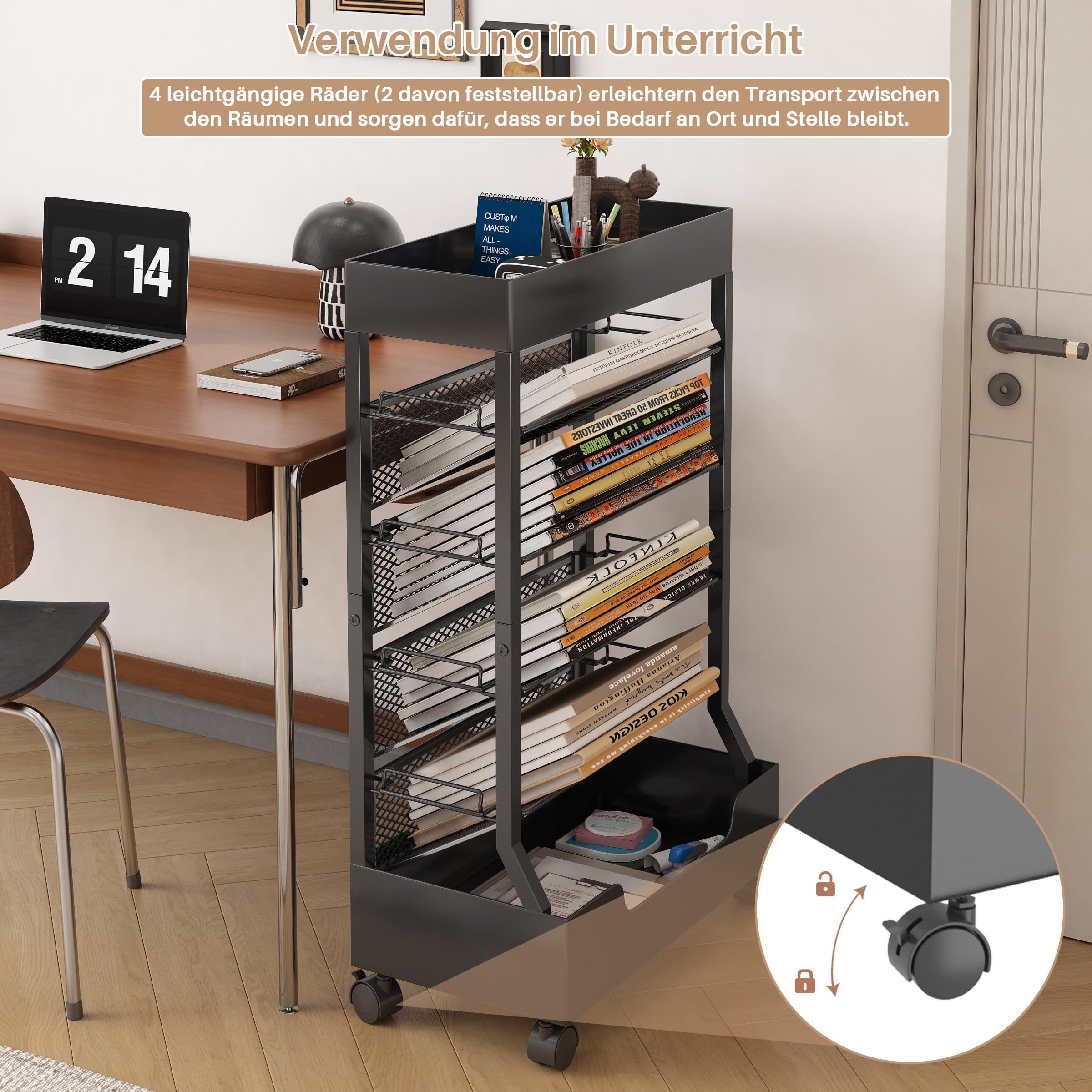 Mobiles Bücherregal mit Rad,Schreibtisch-Organizer, Büroregal Bücherwagen Zeitschriftenständer,großes Fassungsvermögen-Schwarz