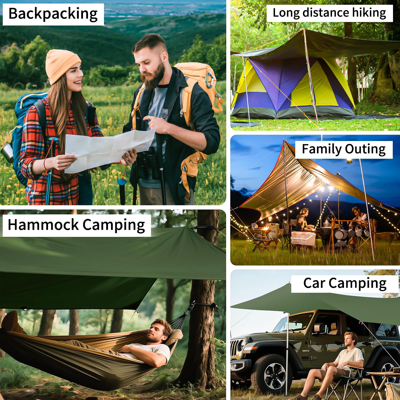 KOIUEYW Tarp wodoszczelna 3x3/3x4/3x5M, Plandeka kempingowa ultralekkka wodoszczelna, Anti-UV śnieg deszcz plandeka namiotowa z oczkami do kempingu, pikniku, wędrówek, hamaka, aktywności na świeżym