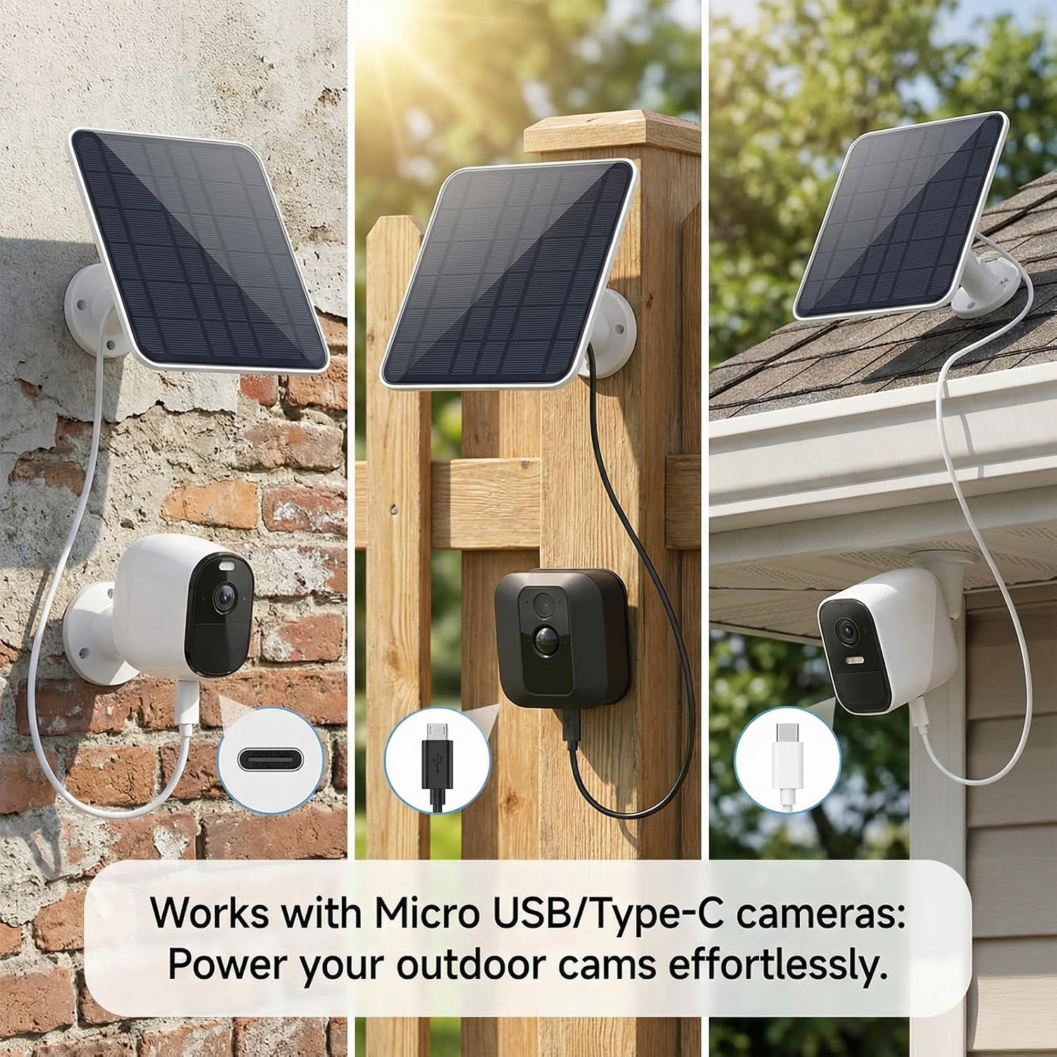 12W Solar Panel Charger, 360° Adjustable Mount IP66 Solar Power Supply with Micro USB & Type C Interface, 9.84ft Cable for Stick Up Cam Battery Camera, Essential Spotlight Camera