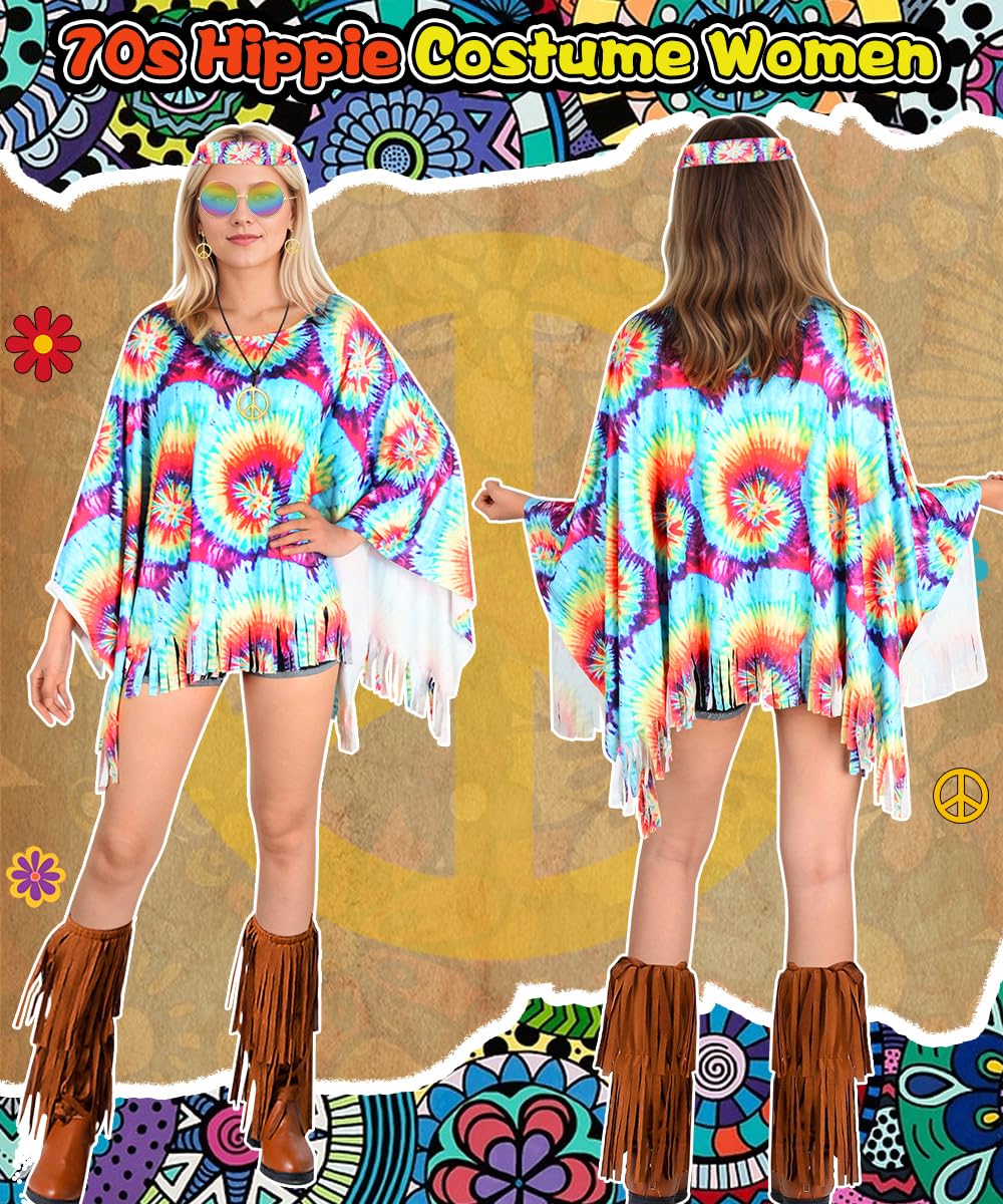 Disfraz Hippie Mujer, Conjunto de Disfraz Hippie Años 60, Disfraces de Hippies para Mujery Otros Accesorios, Hippies Capa Años 70 de Discoteca para Fiestas y Halloween