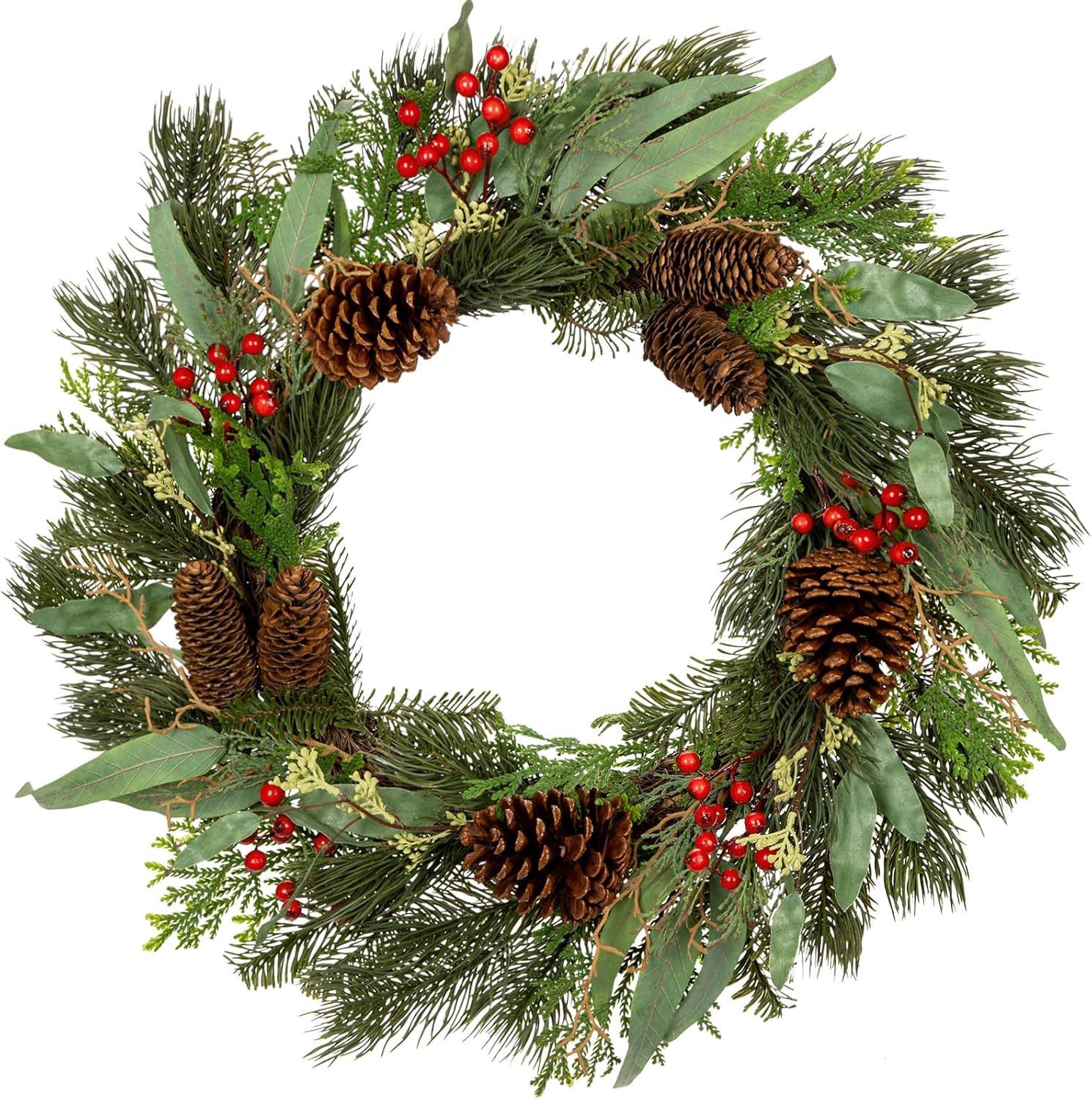 24 Inch Christmas Wreath, Christmas Wreath for Front Door Christmas Winter Wreath with Red Berries Pine Cone Eucalyptus Cedar Leaves Artificial Wreath Xmas Decorations for Indoor Outdoor Wall Decor