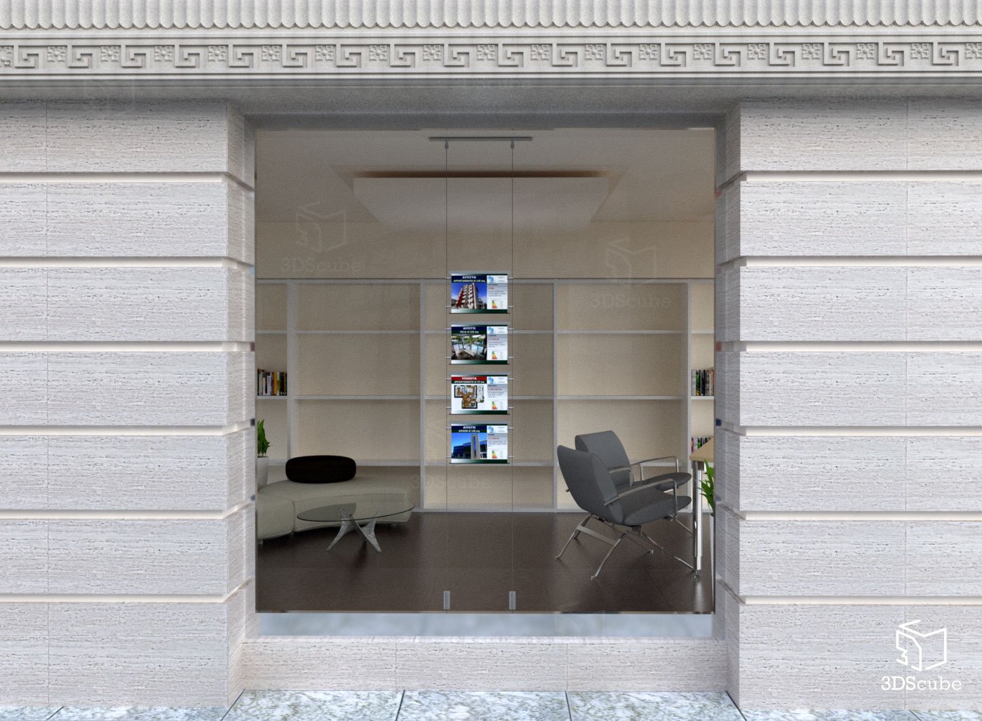 Expositor con cables luminosos de una cara para escaparate, Evo LED Kit 1 x 4 con carpetas luminosas de metacrilato formato A4 horizontal, porta anuncios para agencias inmobiliarias, estudios