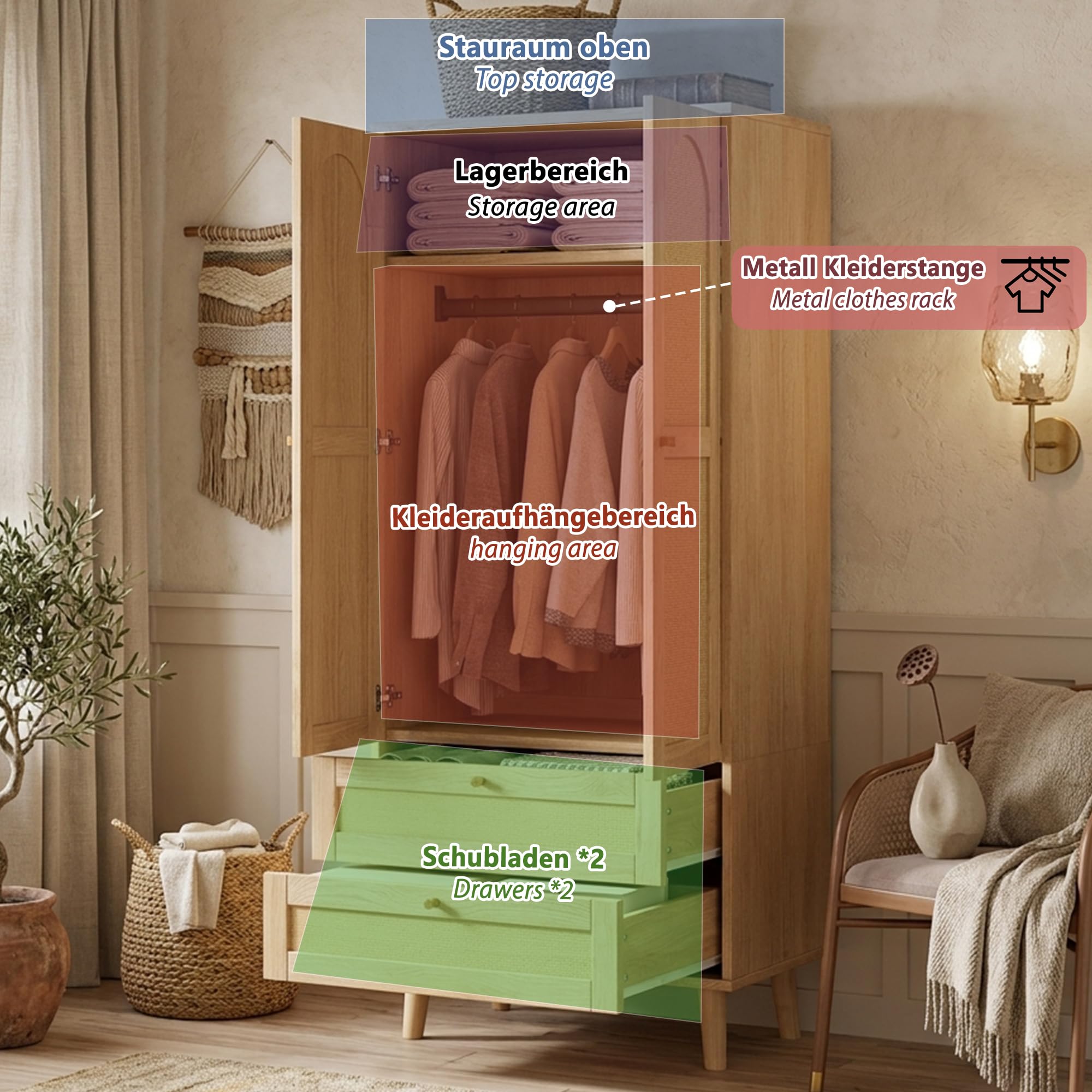 Armadio in legno naturale, armadio multiuso con design in rattan, asta appendiabiti, scaffali, armadio moderno per camera da letto, corridoio e spogliatoio, naturale