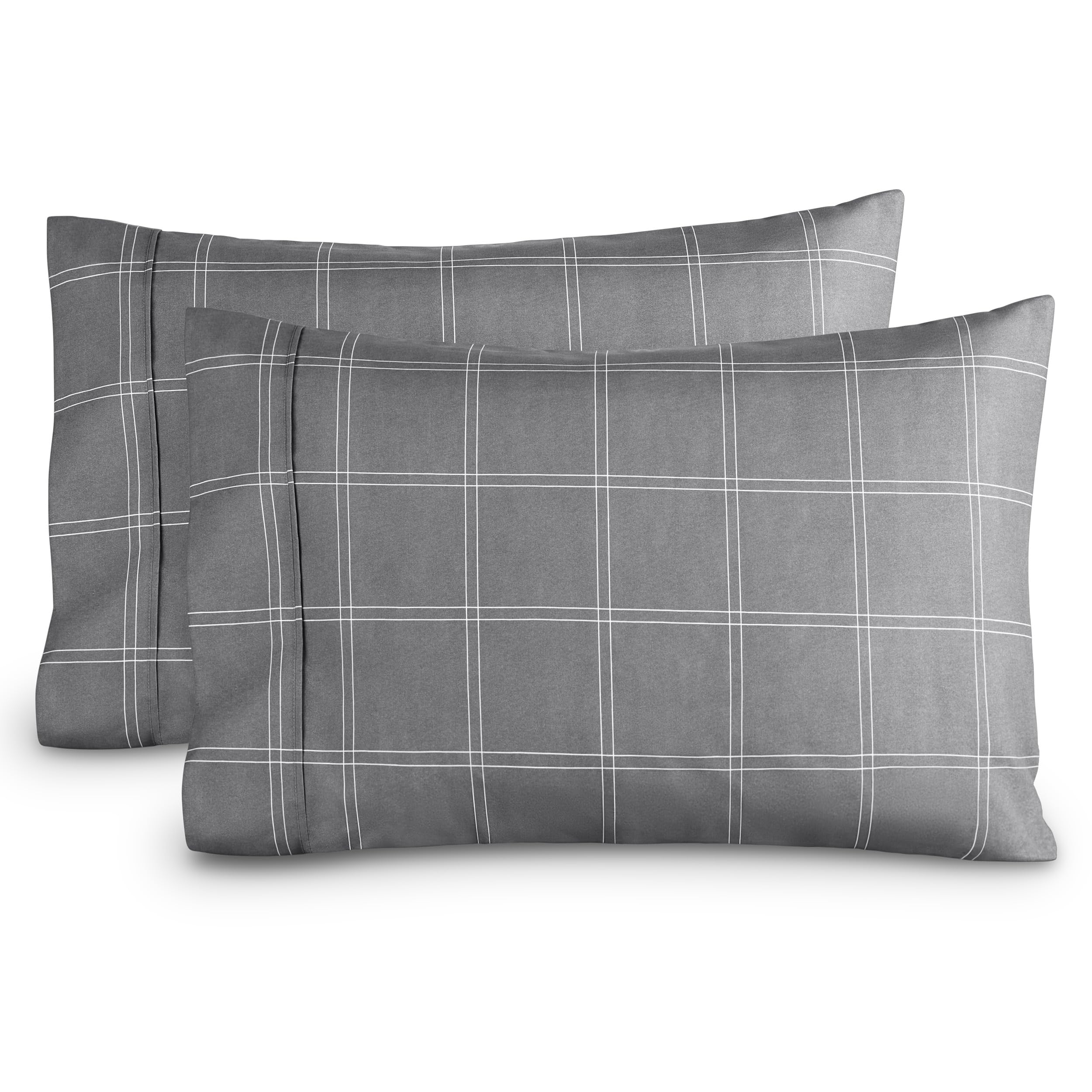 Bare Home Pillowcases Open End (King Set of 2, Modern Plaid - Grey/White)