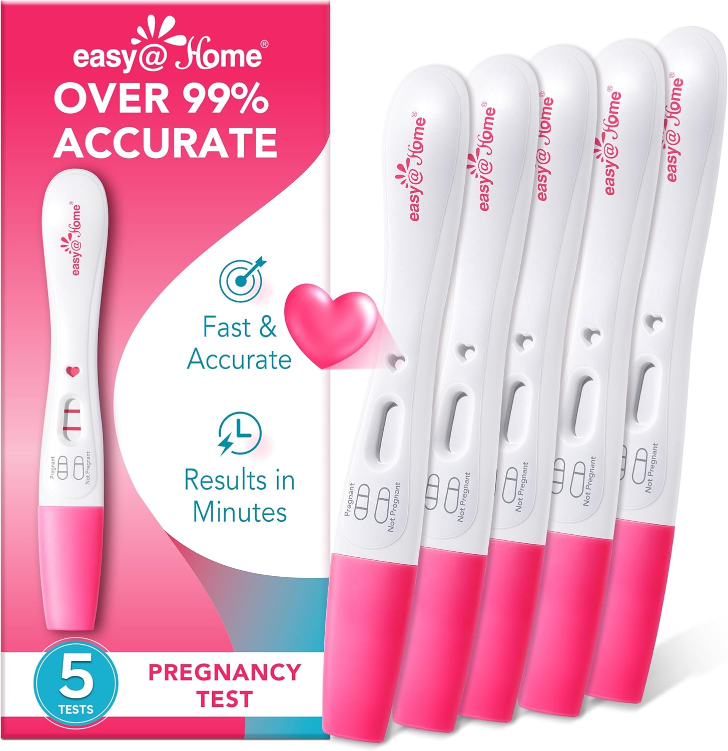 Easy@Home Smart Timing Pregnancy Test: Over 99% Accuracy for Early hCG Detection - Fast Results in Just 3 Minutes with Unique Love Heart Indicator | 5 Pack