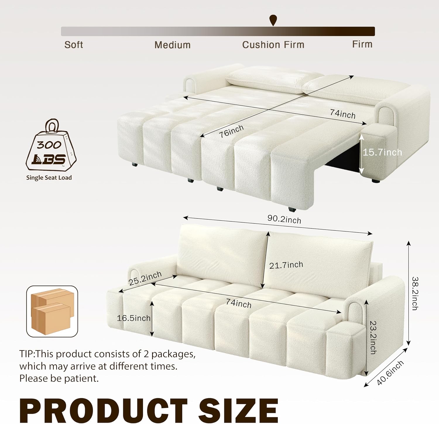 90.2" Futon Sofa Bed King, 3-in-1 Teddy Convertible L-Shaped Sofa, Upholstered Loveseat Couches, Pull Out Couch Bed Small Spaces, Deep Seat, Storage for Apartment, Living Room, Beige
