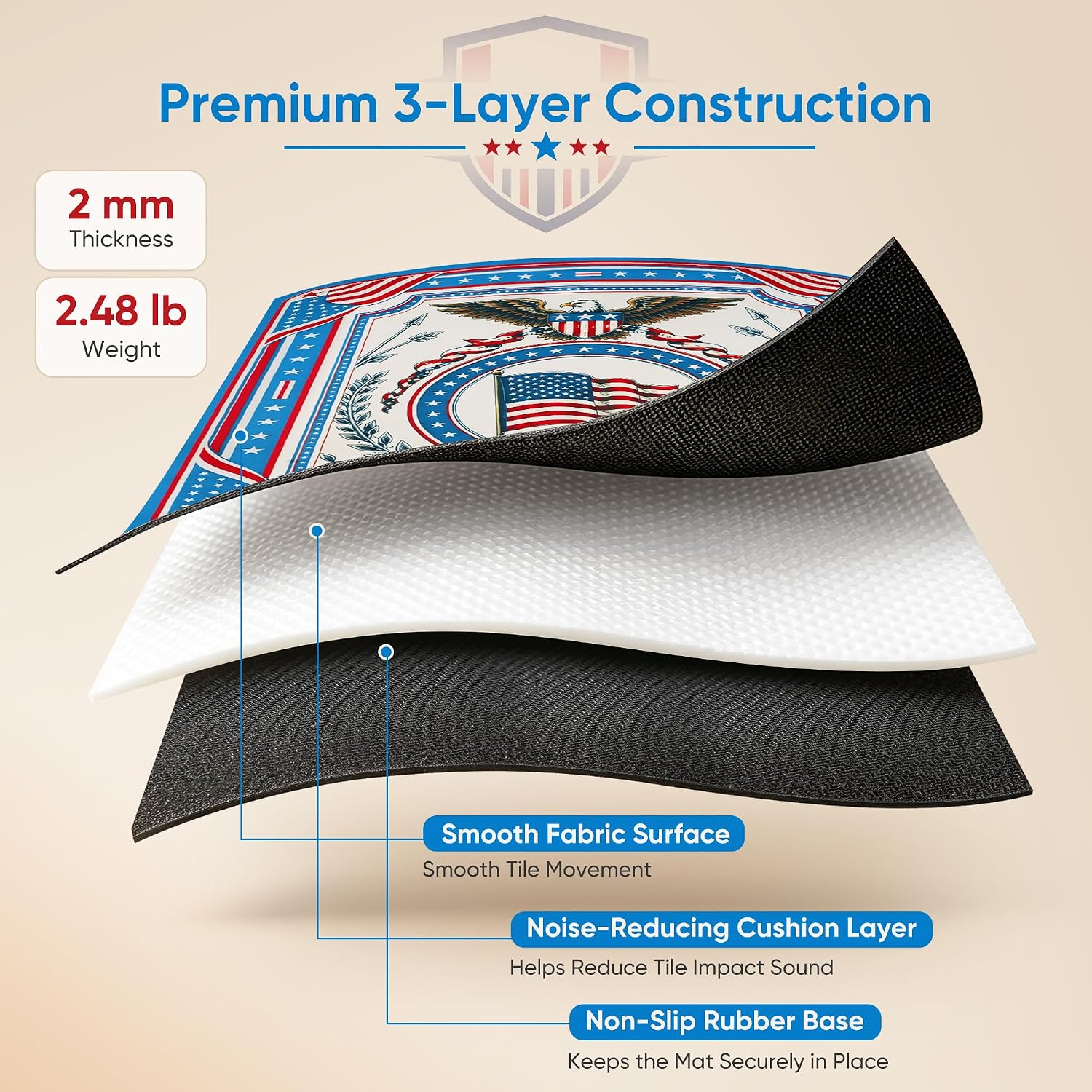 Mahjong Mat for Table, Quiet Grip & Non-Slip, 33" Vintage Eagle | Premium Rubber Surface, Non-Slip & Noise Reduction, Includes Carrying Bag, Roll-Up Design, Patriotic Style for Game Night