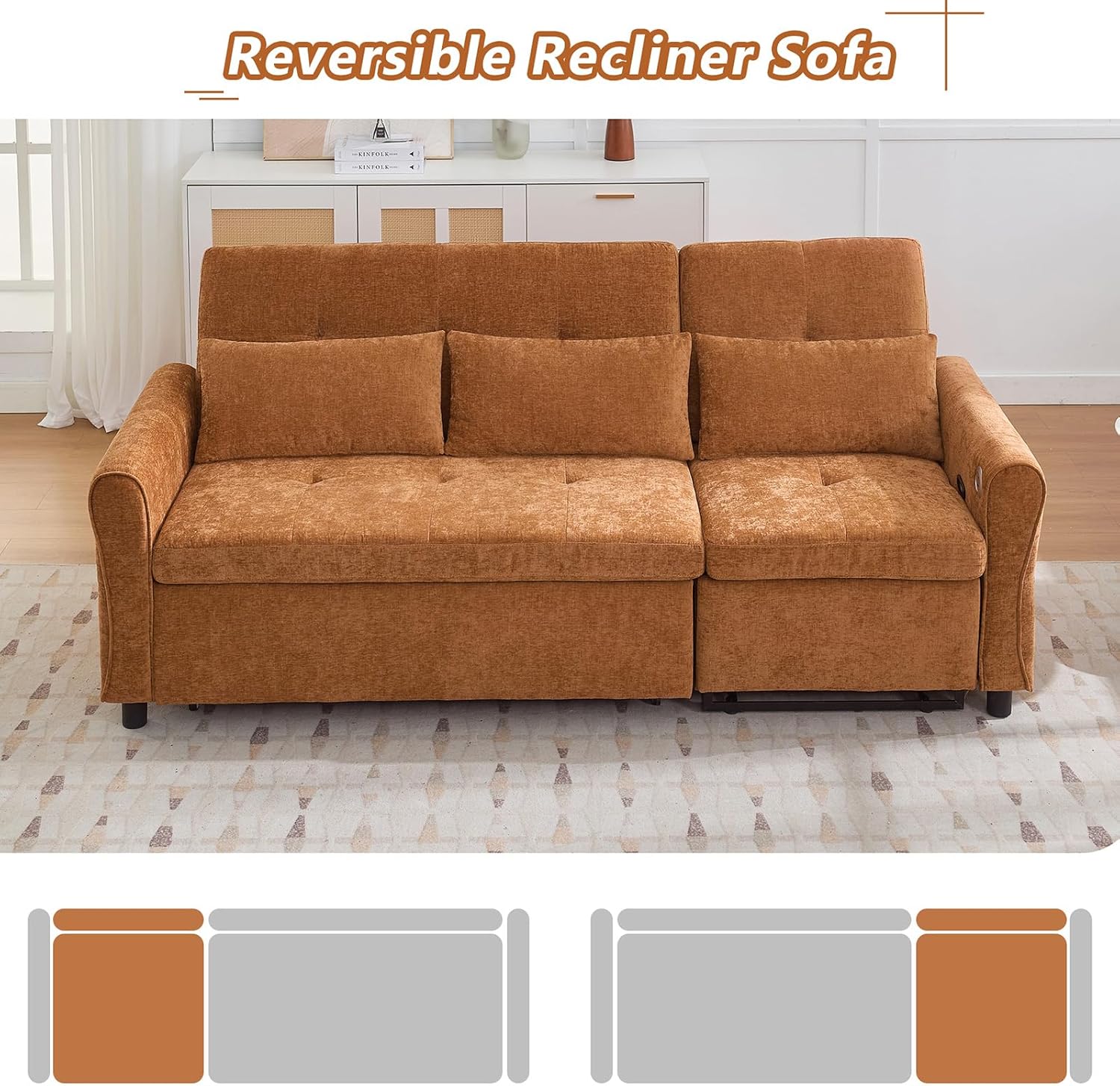2-in-1 Sleeper Sofa with Pull Out Couch Bed and a Reversible Recliner, 82'' Convertible Chenille Cloud Couch with USB & Adjustable Backrest Comfy Recliner Couches for Living Room Apartment (Orange)