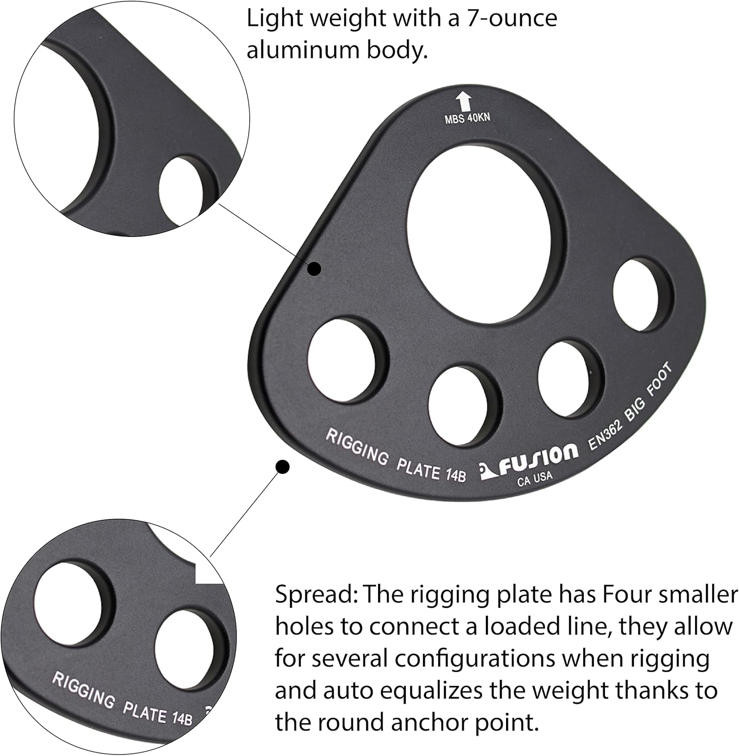 Fusion Climb Aluminum Big Foot Large 5 Hole Rigging Plate Descender Black (FP-8144-2-BLK) : Climbing Equipment : Sports & Outdoors