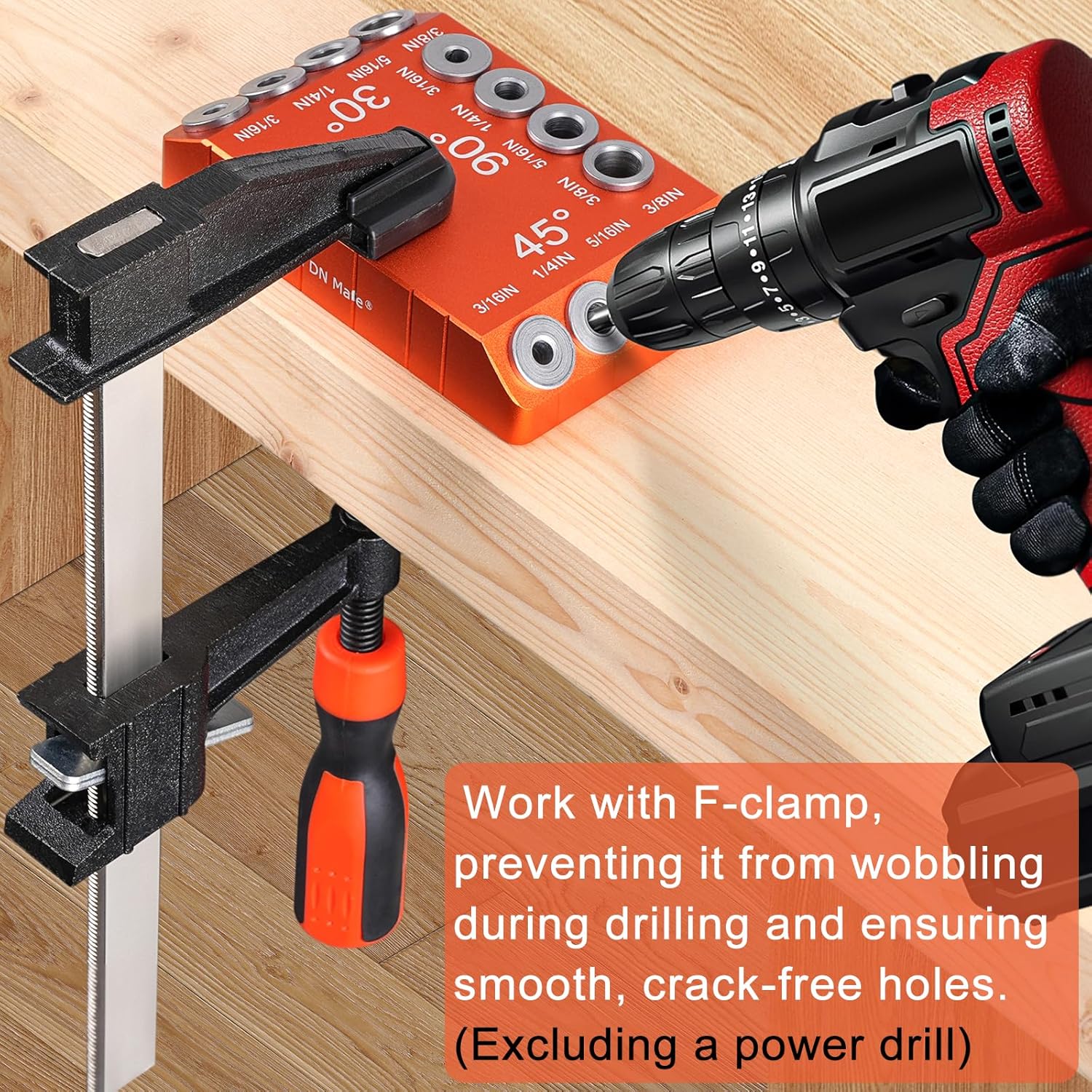 Aluminum Drill Guide Jig 30 45 90 Degree Angle 4 Sizes with 6" F Clamp for Angled and Straight Holes, Portable Durable Cable Railing Drilling Template Block for Deck Stair Handrail