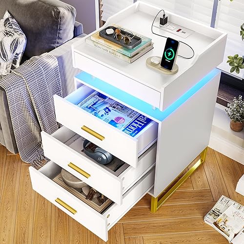 Miniatura 8 de BTHFST Juego de 2 mesitas de noche LED con estación de carga, mesita de noche grande con 3 cajones y 1 bandeja extraíble, moderna mesita de noche