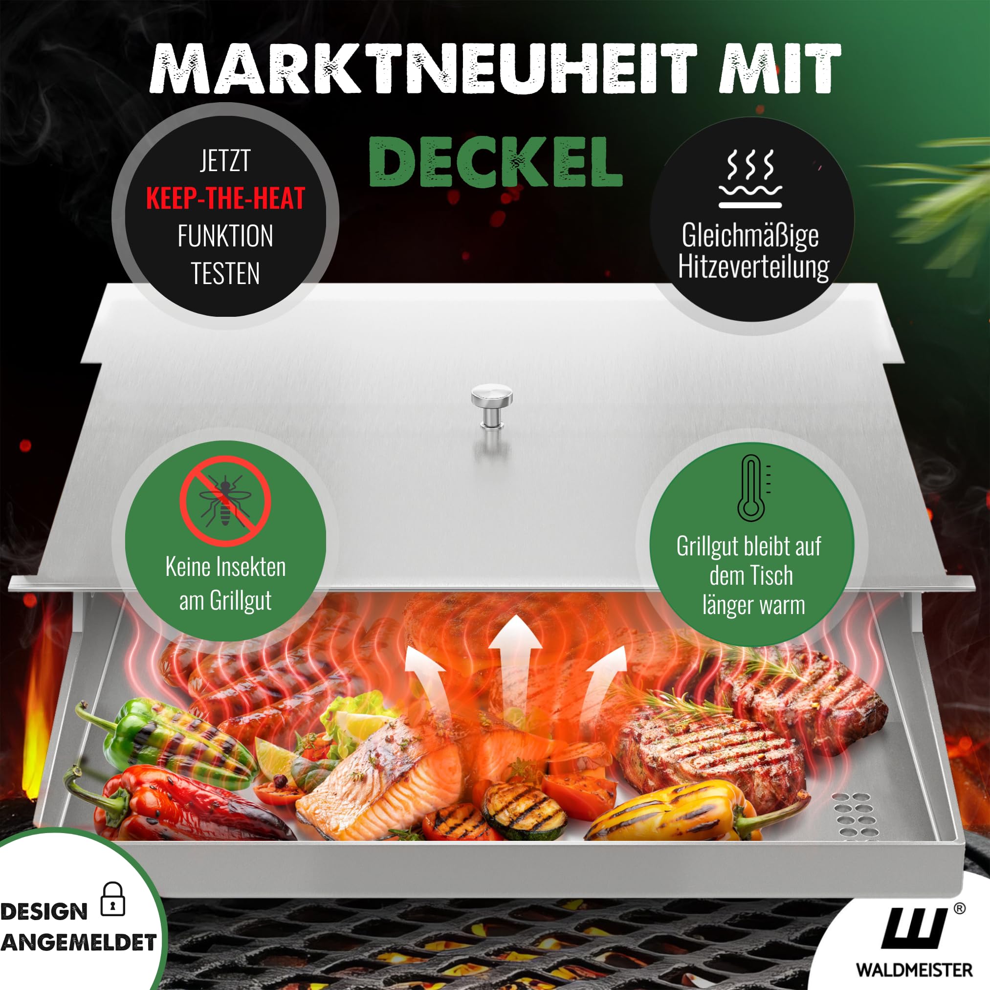 WALDMEISTER Plancha Grillplatte Edelstahl 40x30cm mit Griffen Deckel 2 Grillspachteln Gasgrill Grillzubehör